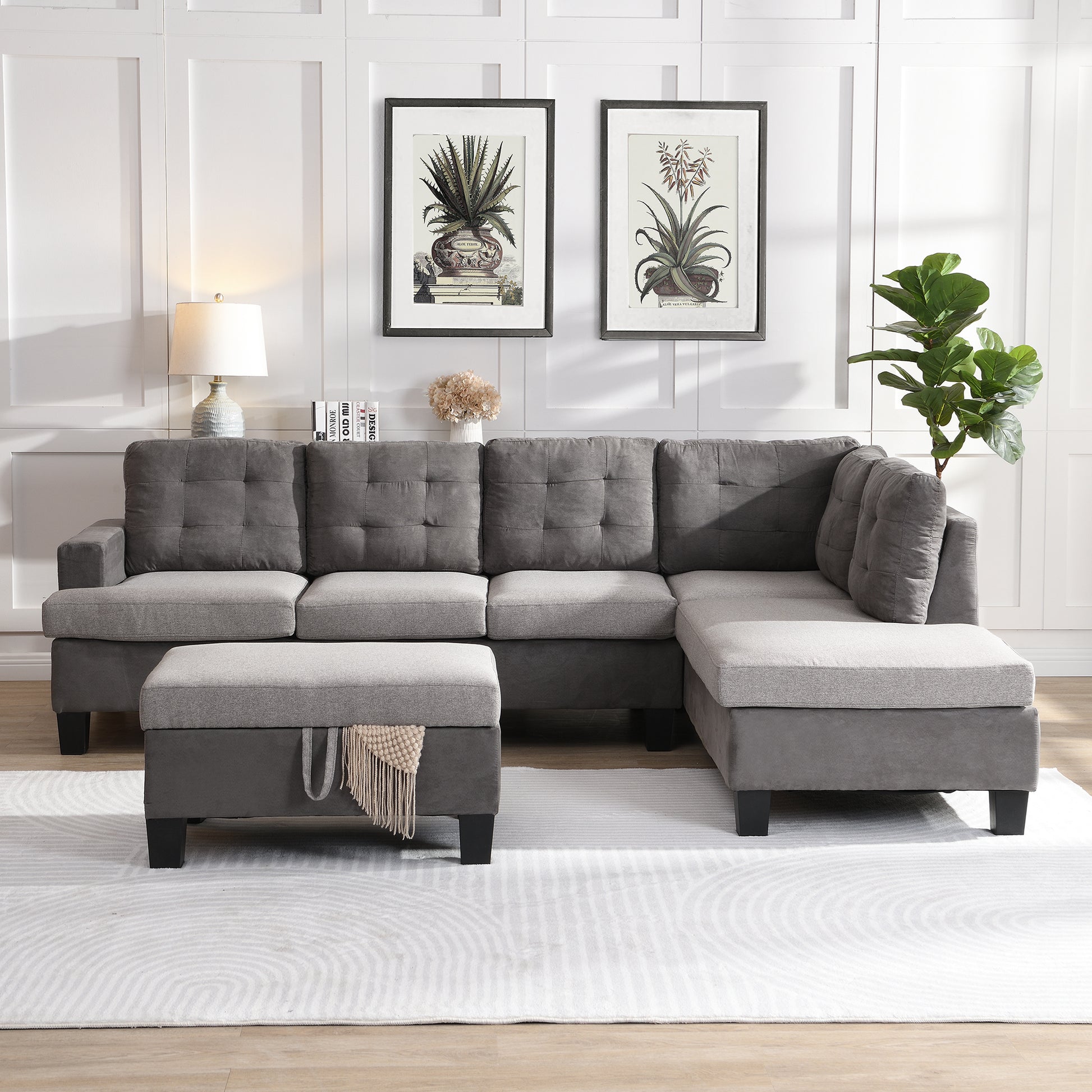 Sofa Set For Living Room With Chaise Lounge And Storage Ottoman Living Room Furniture Gray Grey Fabric