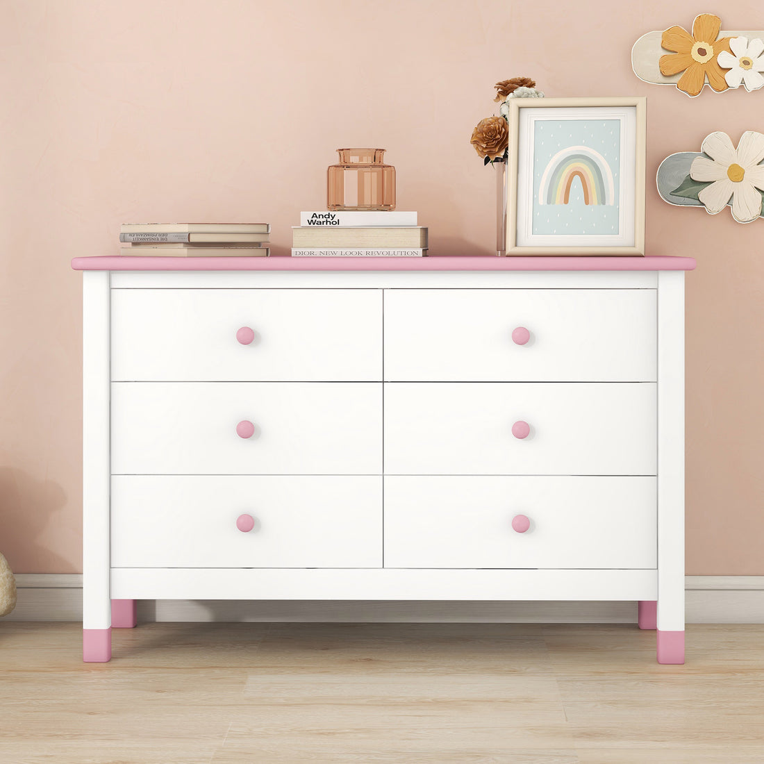 Wooden Storage Dresser With 6 Drawers,Storage Cabinet For Kids Bedroom,White Pink White Pink Solid Wood