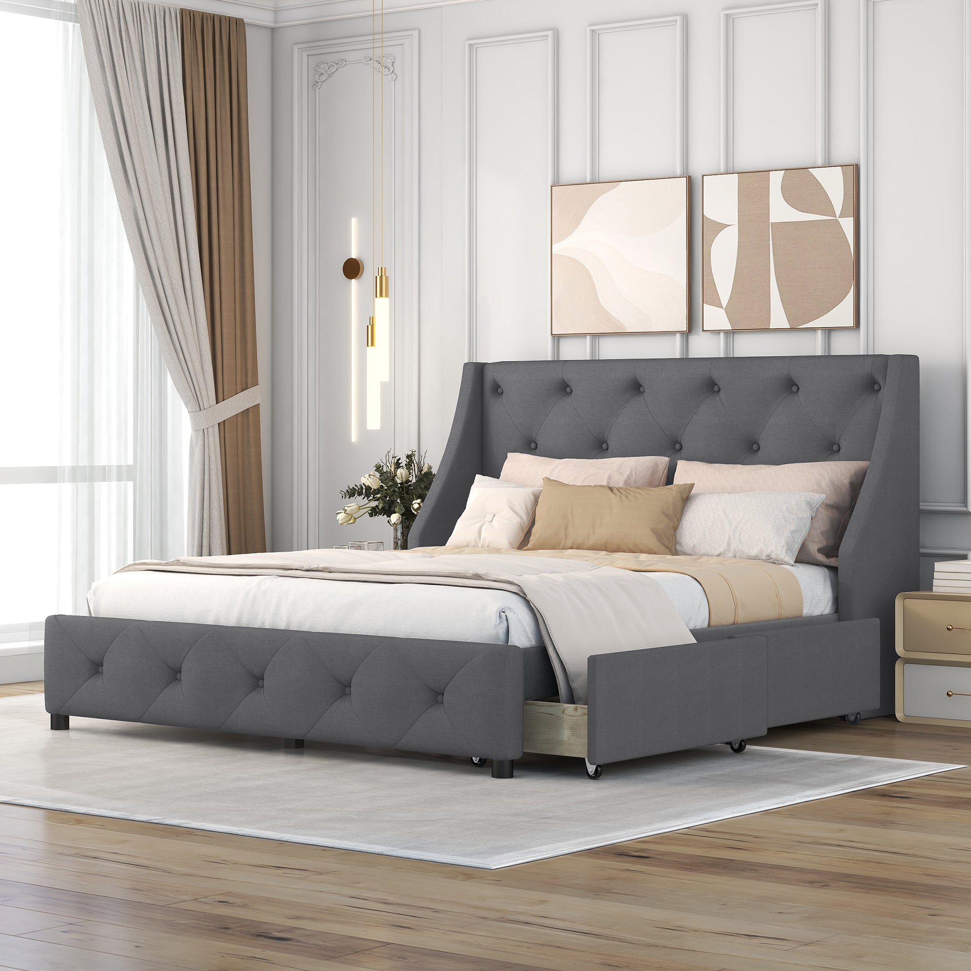 Upholstered Platform Bed With Wingback Tufted Headboard And 4 Drawers, No Box Spring Needed, Linen Fabric, Queen Size Gray Gray Linen