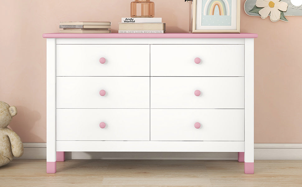 Wooden Storage Dresser With 6 Drawers,Storage Cabinet For Kids Bedroom,White Pink White Pink Solid Wood