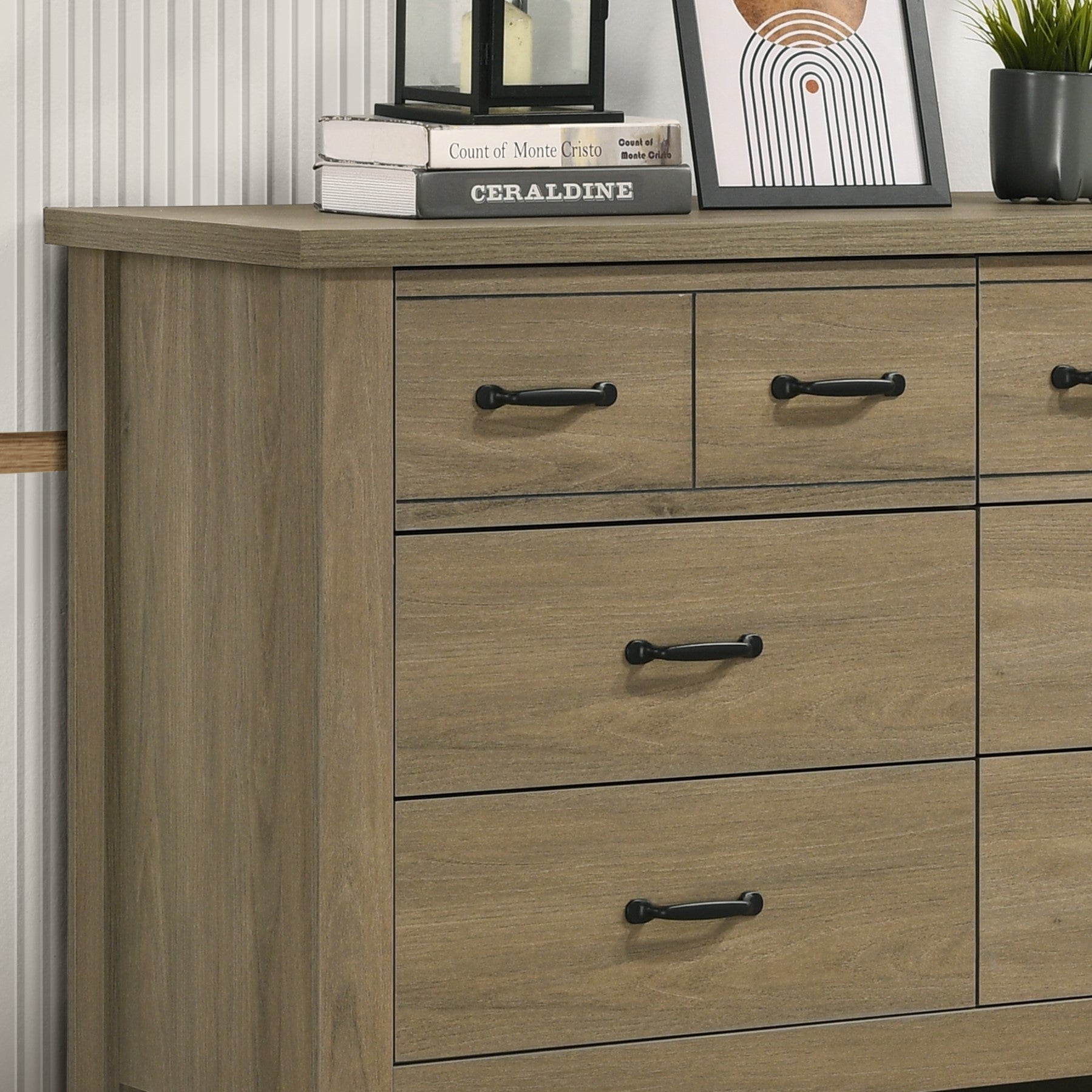 Finn 51" Coffee Gray Oak Finish Dresser With 6 Drawers And Black Handles Light Brown Particle Board