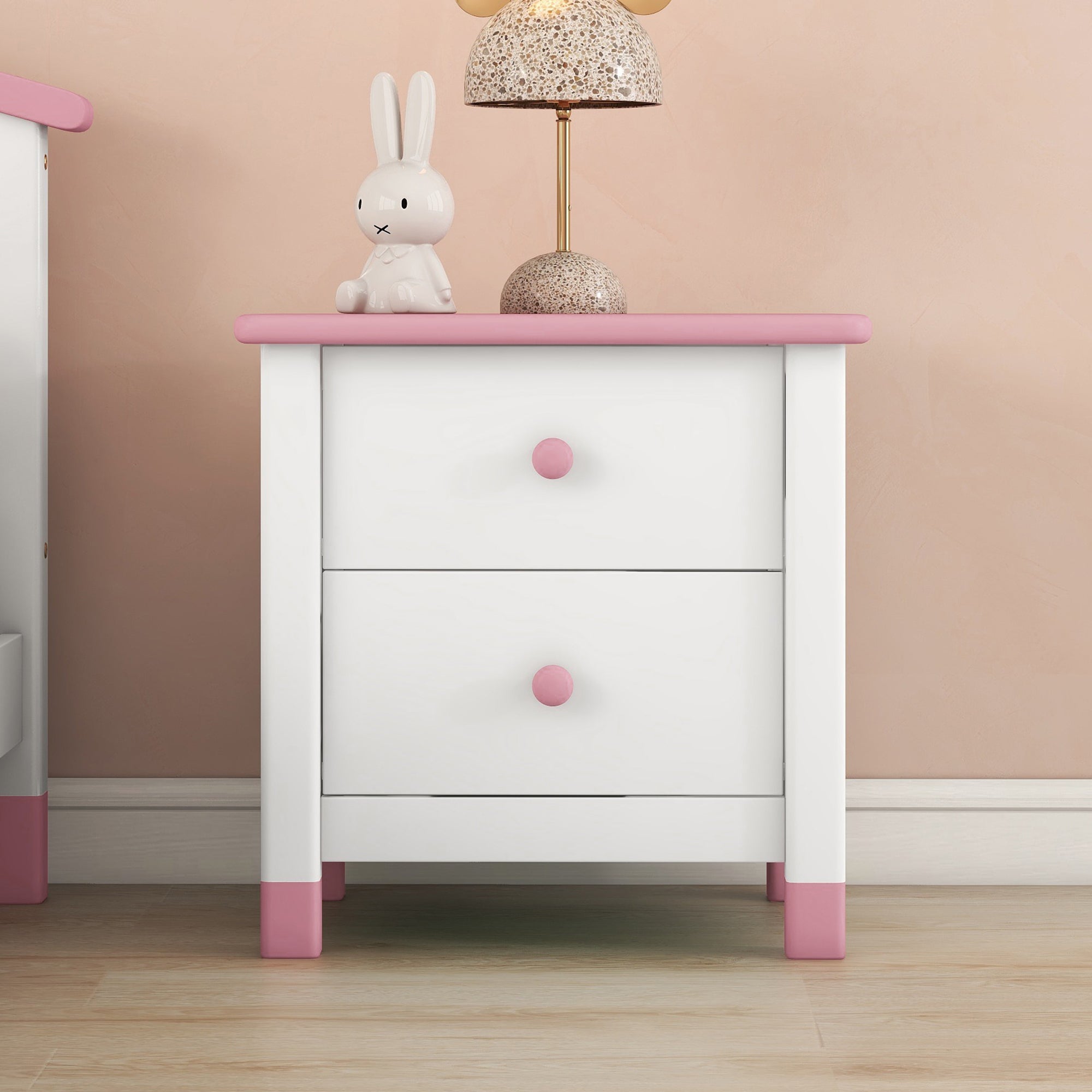 Wooden Nightstand With Two Drawers For Kids,End Table For Bedroom,White Pink White Pink Solid Wood