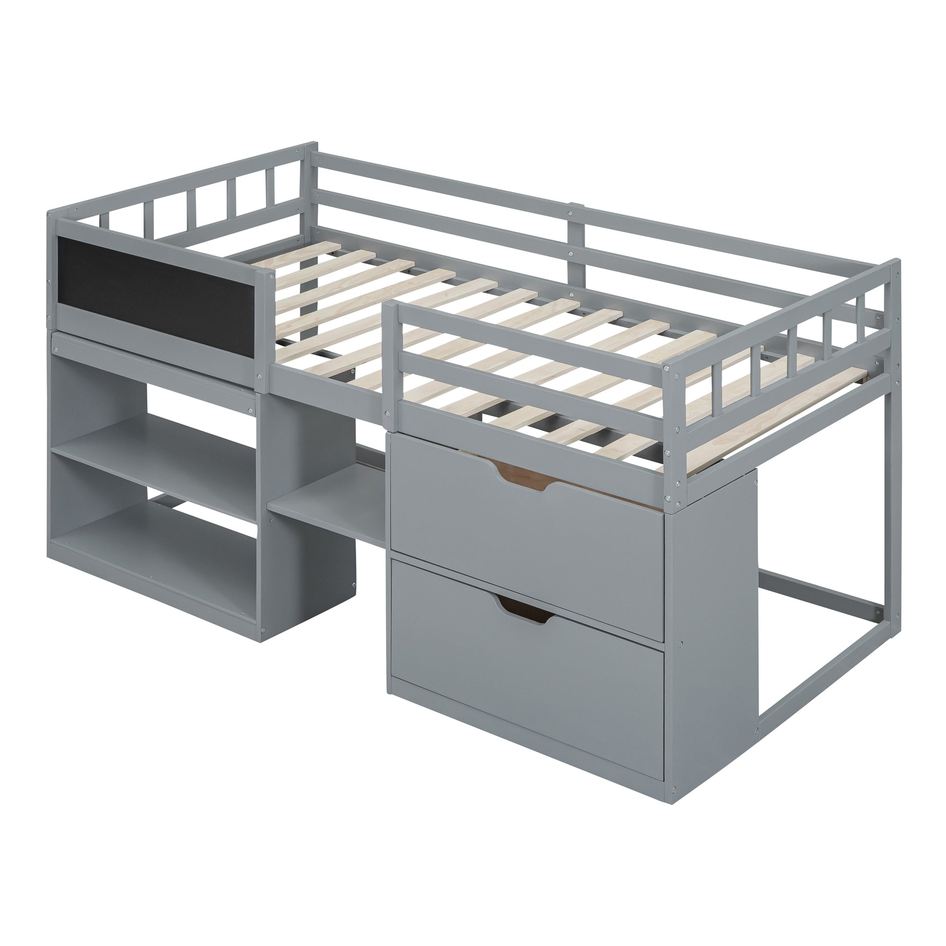 Twin Size Low Loft Bed With Rolling Desk, Shelf And Drawers Gray Gray Solid Wood