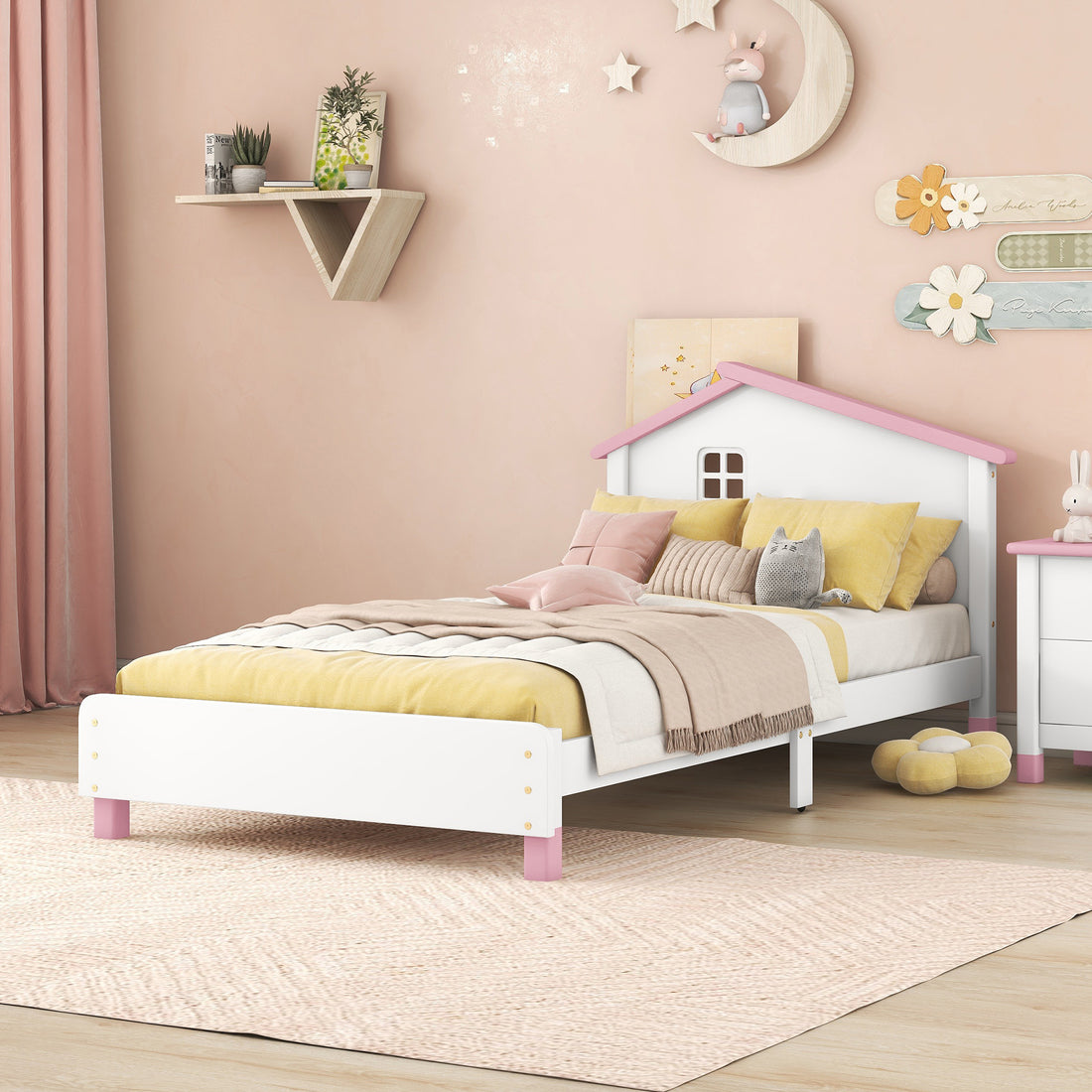 Twin Size Wood Platform Bed With House Shaped Headboard White Pink White Pink Solid Wood