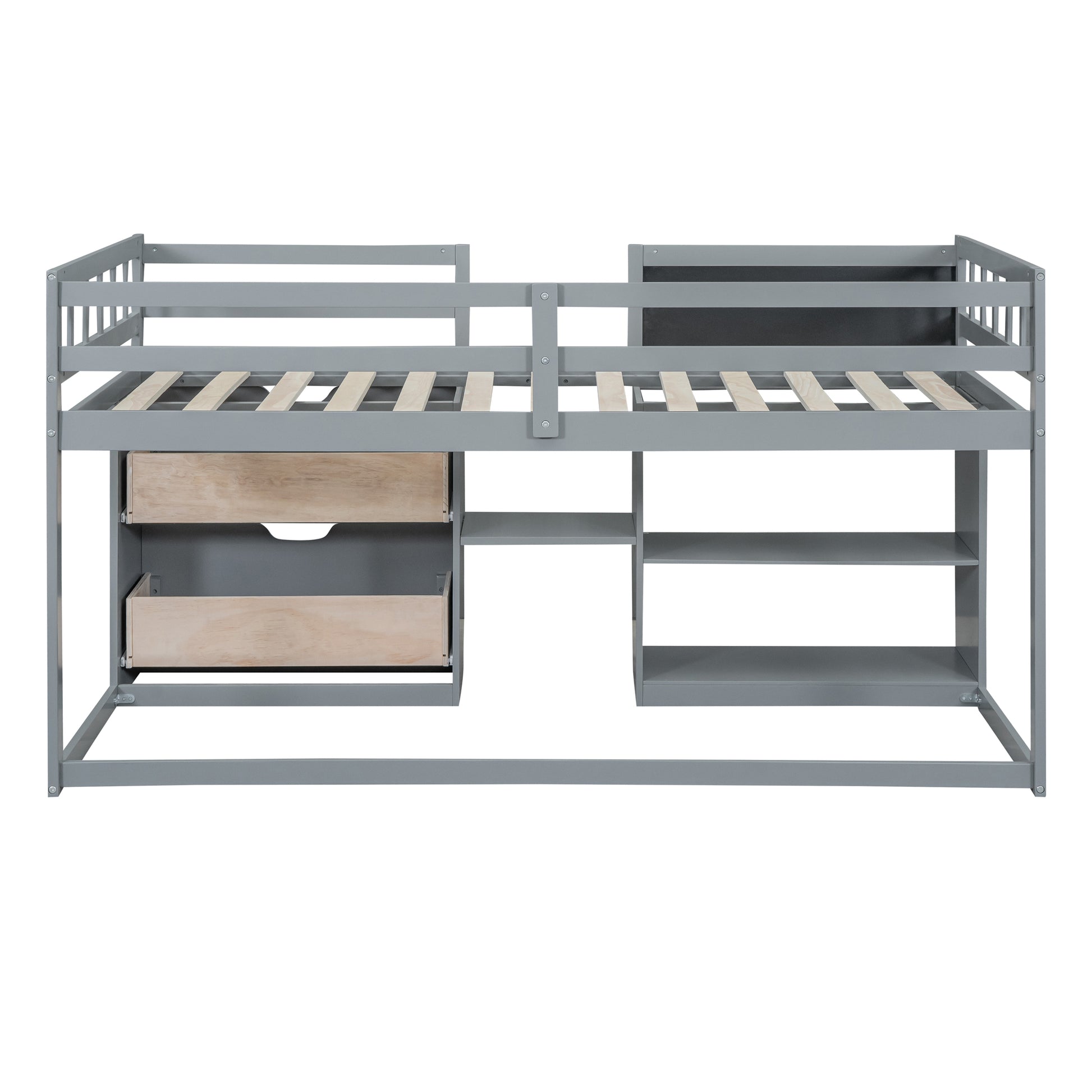 Twin Size Low Loft Bed With Rolling Desk, Shelf And Drawers Gray Gray Solid Wood