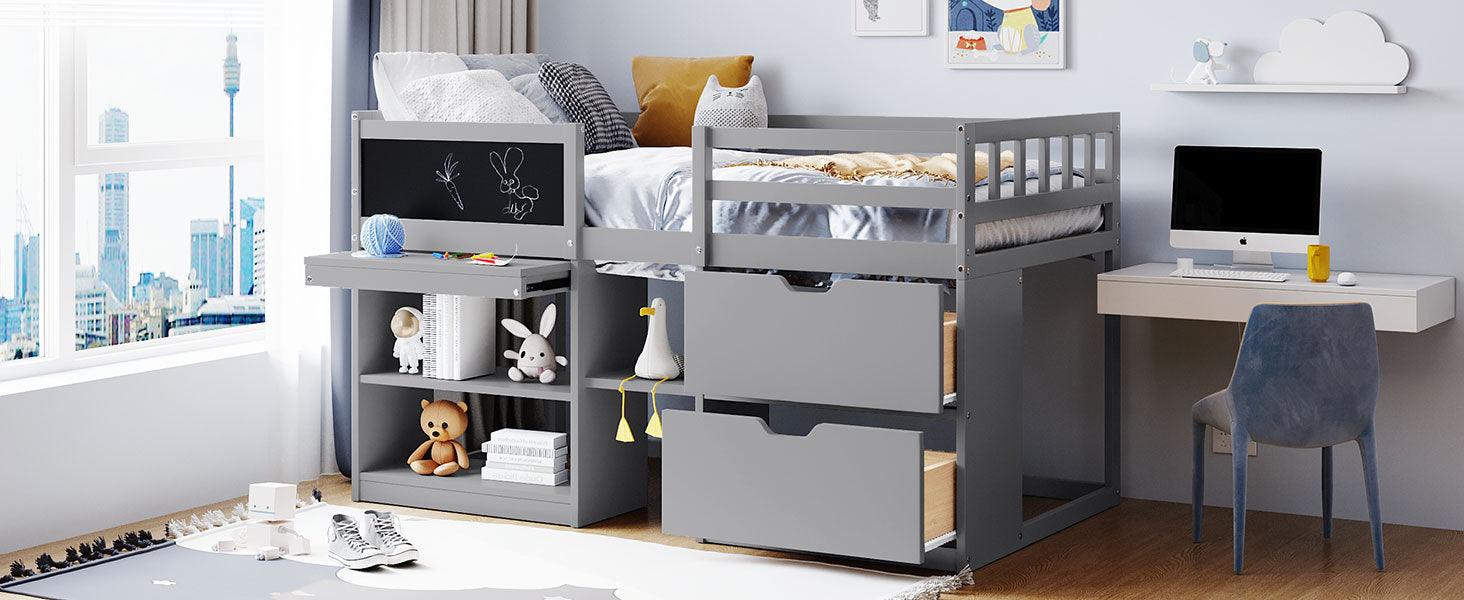 Twin Size Low Loft Bed With Rolling Desk, Shelf And Drawers Gray Gray Solid Wood