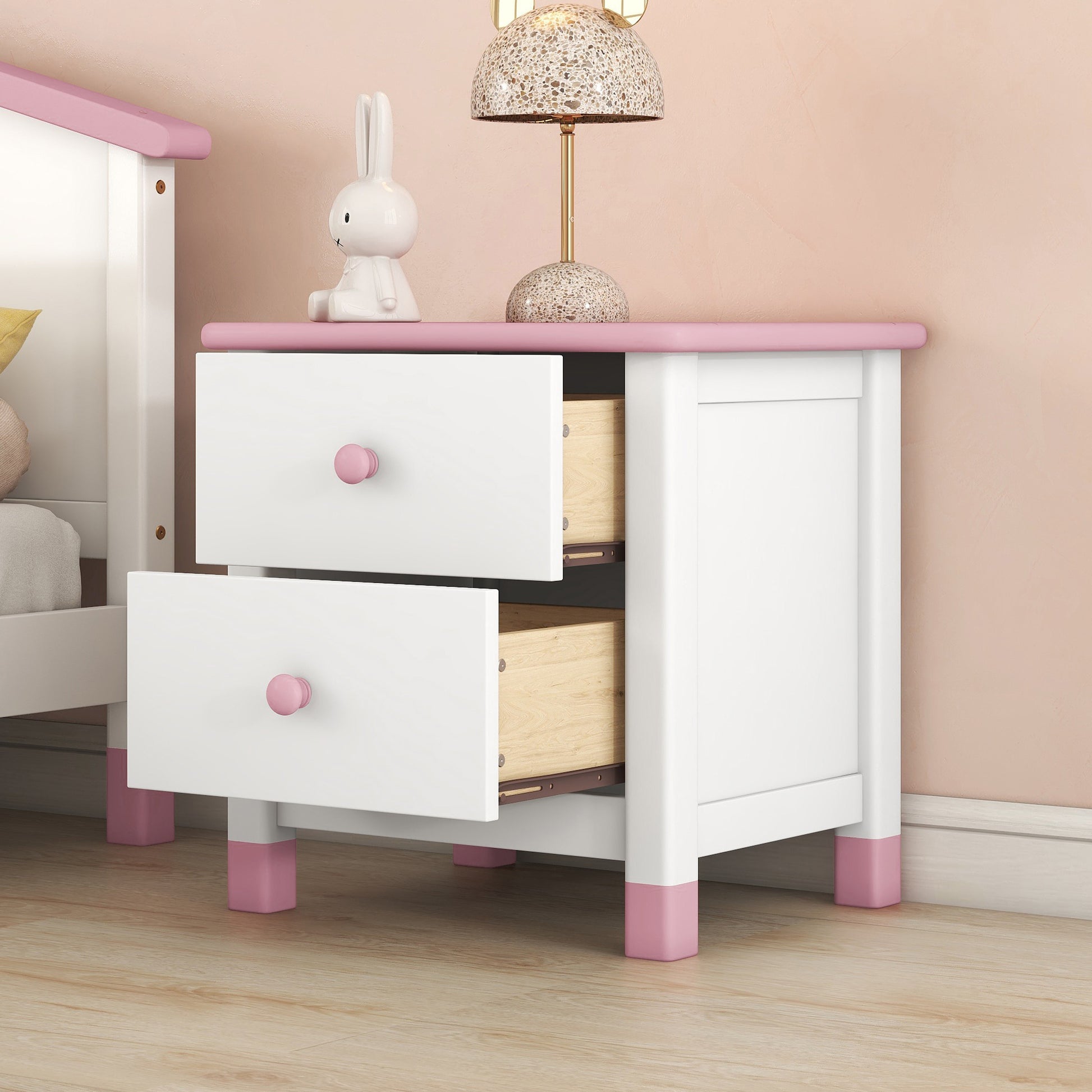 Wooden Nightstand With Two Drawers For Kids,End Table For Bedroom,White Pink White Pink Solid Wood