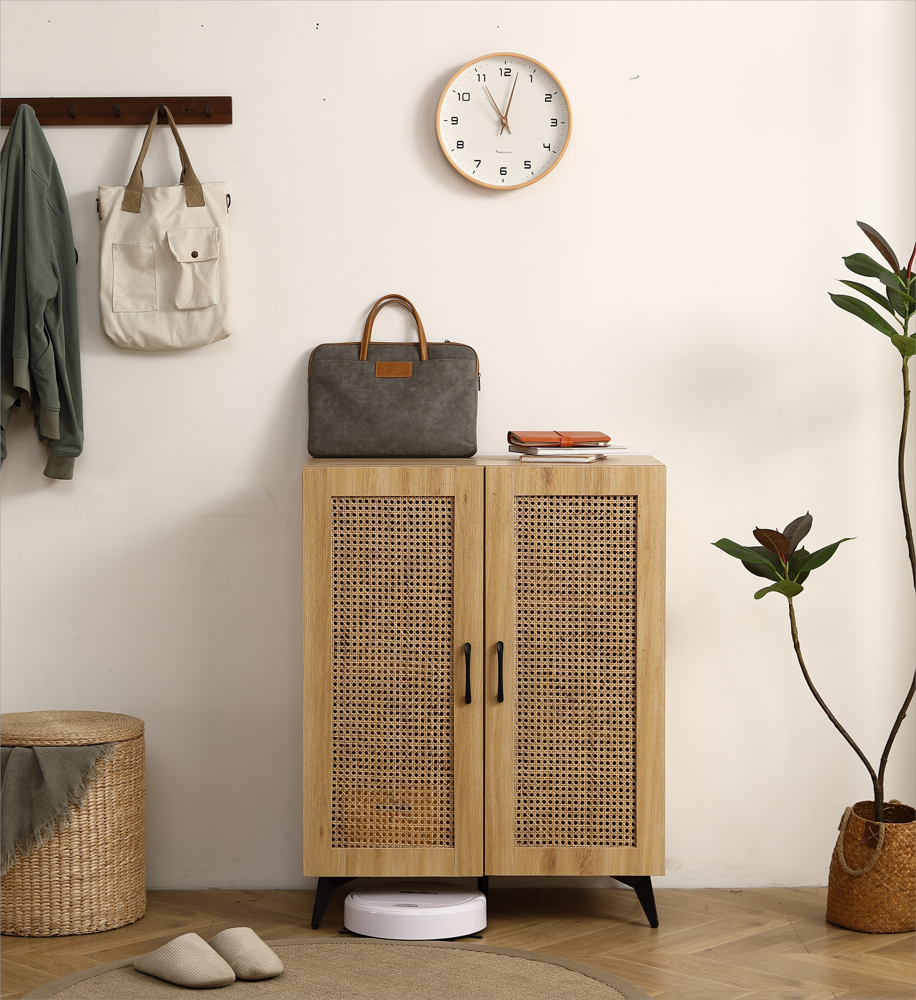 Natural Rattan Storage Cabinet Double Door Shoe Cabinet With Large Storage Space And Durable Structure 29.5Inch Natural Wood Melamine