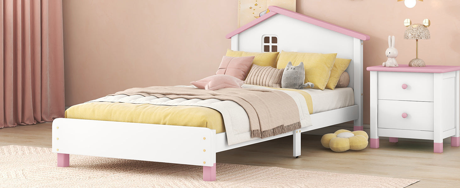 Twin Size Wood Platform Bed With House Shaped Headboard White Pink White Pink Solid Wood