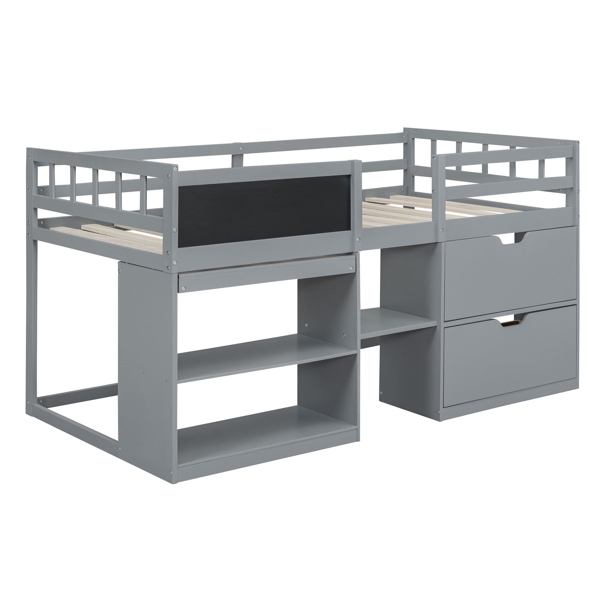 Twin Size Low Loft Bed With Rolling Desk, Shelf And Drawers Gray Gray Solid Wood