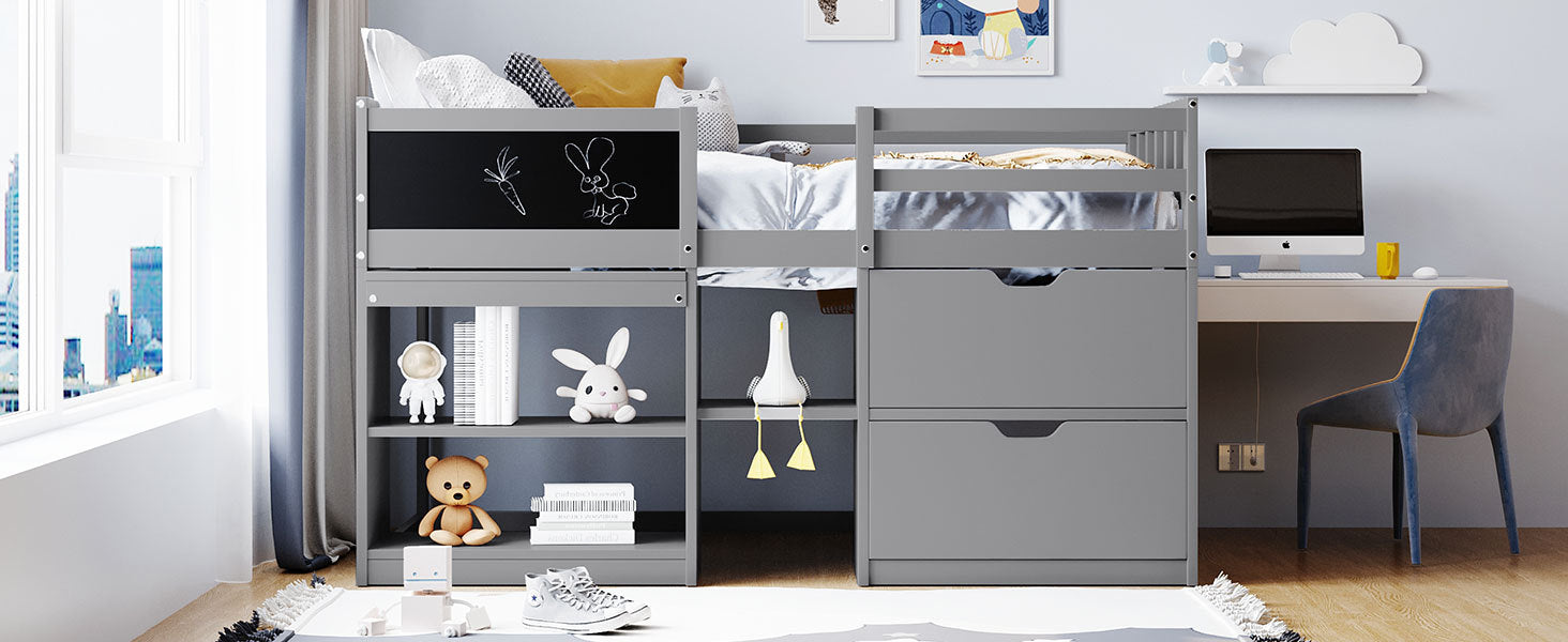 Twin Size Low Loft Bed With Rolling Desk, Shelf And Drawers Gray Gray Solid Wood