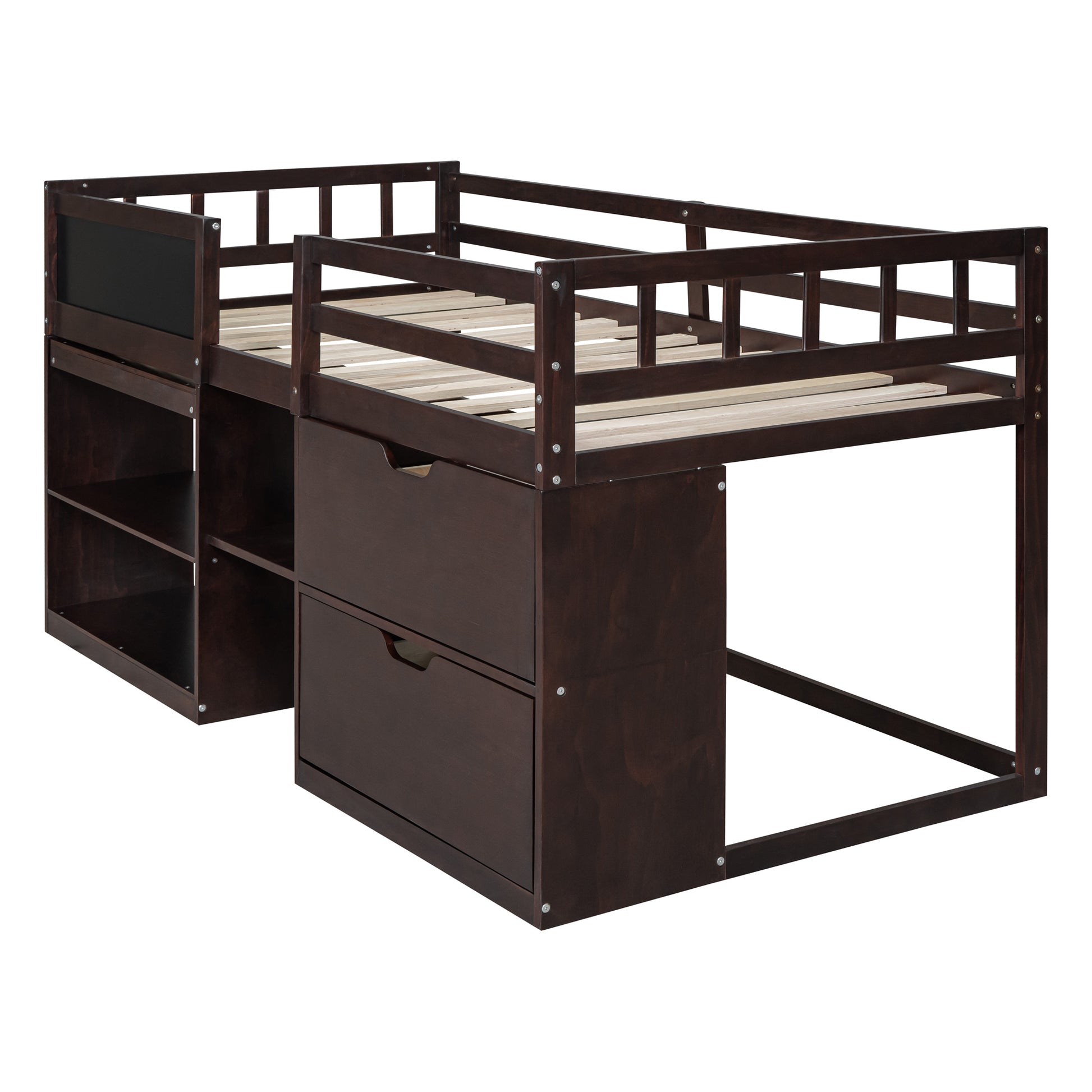 Twin Size Low Loft Bed With Rolling Desk, Shelf And Drawers Espresso Espresso Solid Wood