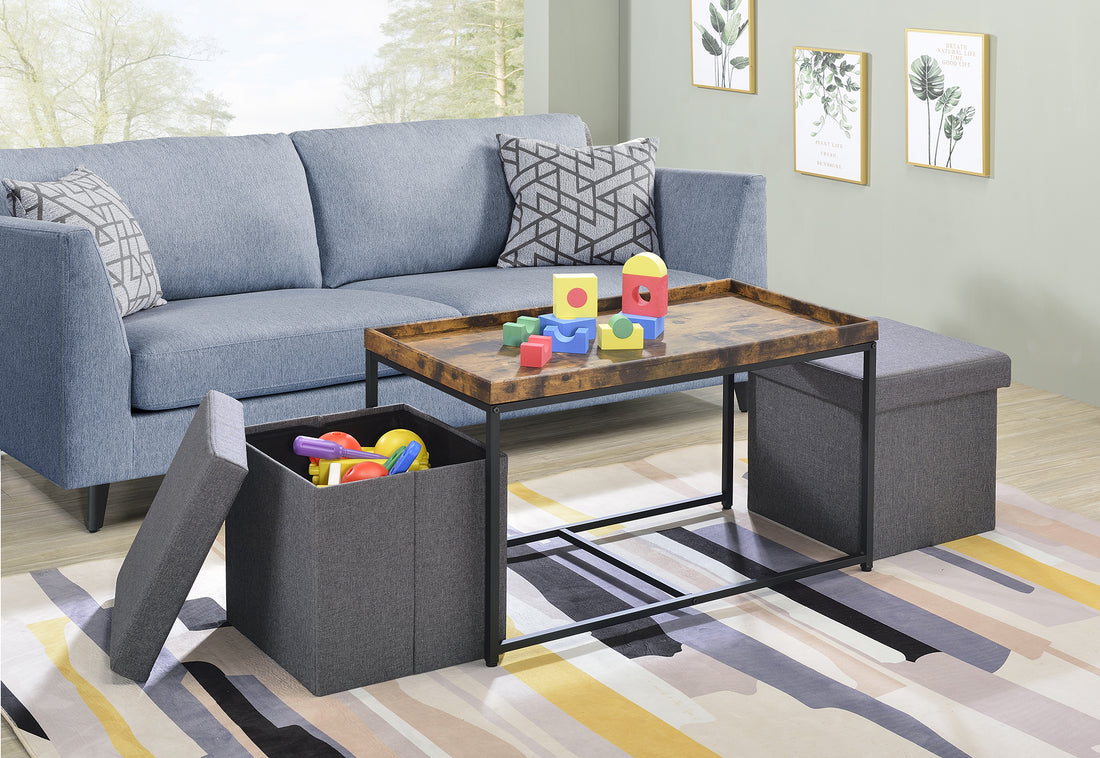 Monty 35" Weathered Oak Wood Grain 3 Piece Coffee Table Set With Raised Edges Brown Oak Mdf