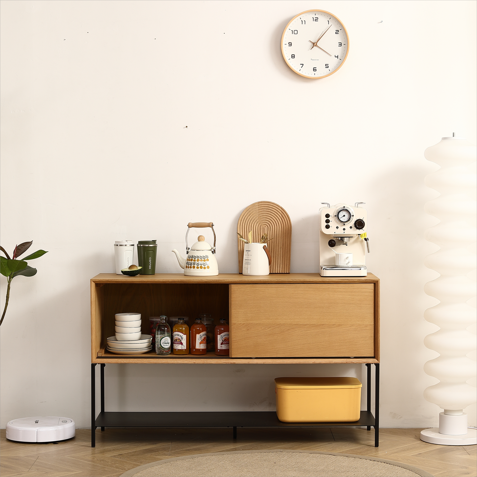 Sideboard Buffet Cabinet.White Rubber And Mdf Two Door Sliding Cabinet For Dining Room, 47.24 Inches Oak Metal & Wood