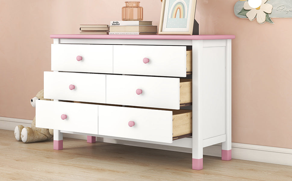 Wooden Storage Dresser With 6 Drawers,Storage Cabinet For Kids Bedroom,White Pink White Pink Solid Wood