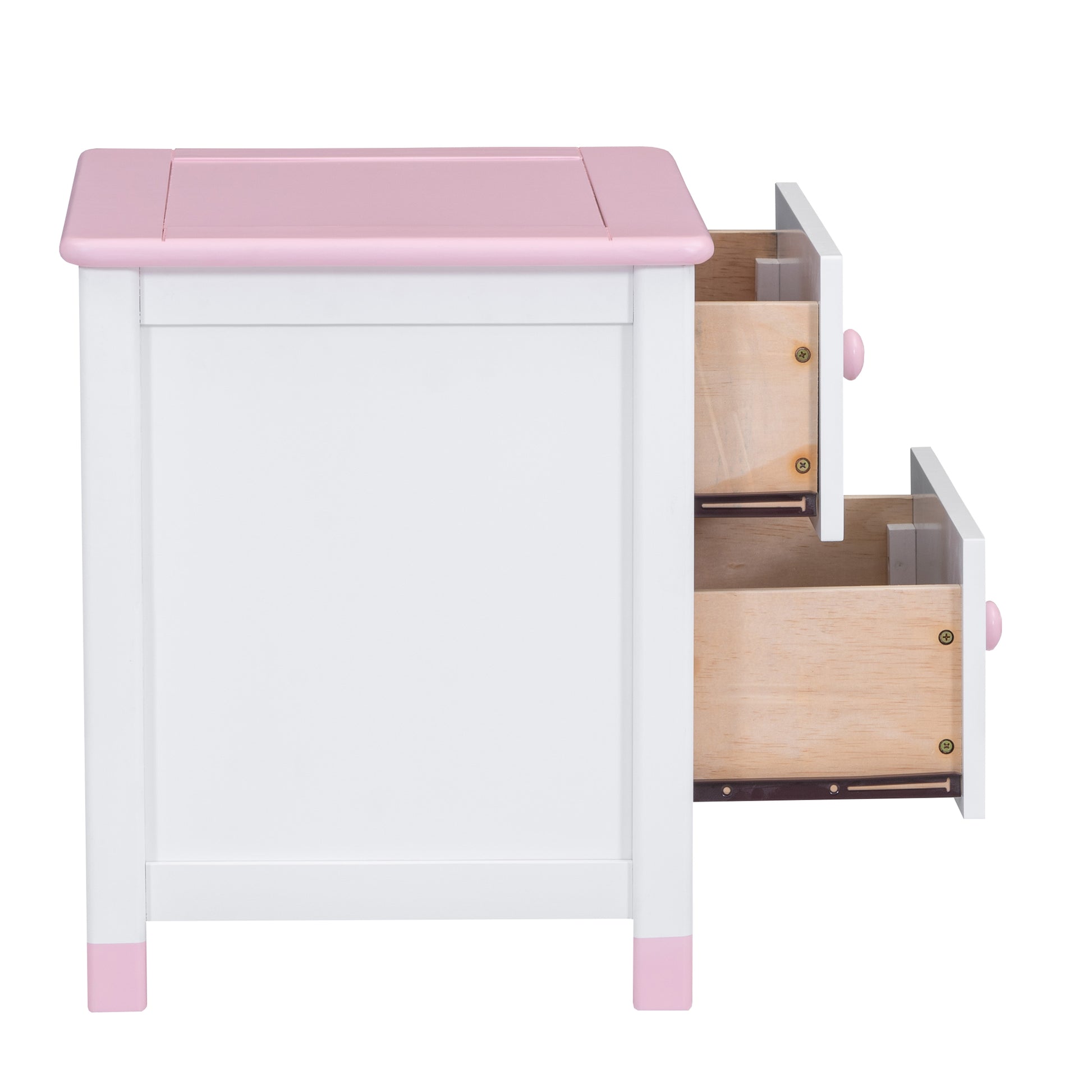 Wooden Nightstand With Two Drawers For Kids,End Table For Bedroom,White Pink White Pink Solid Wood