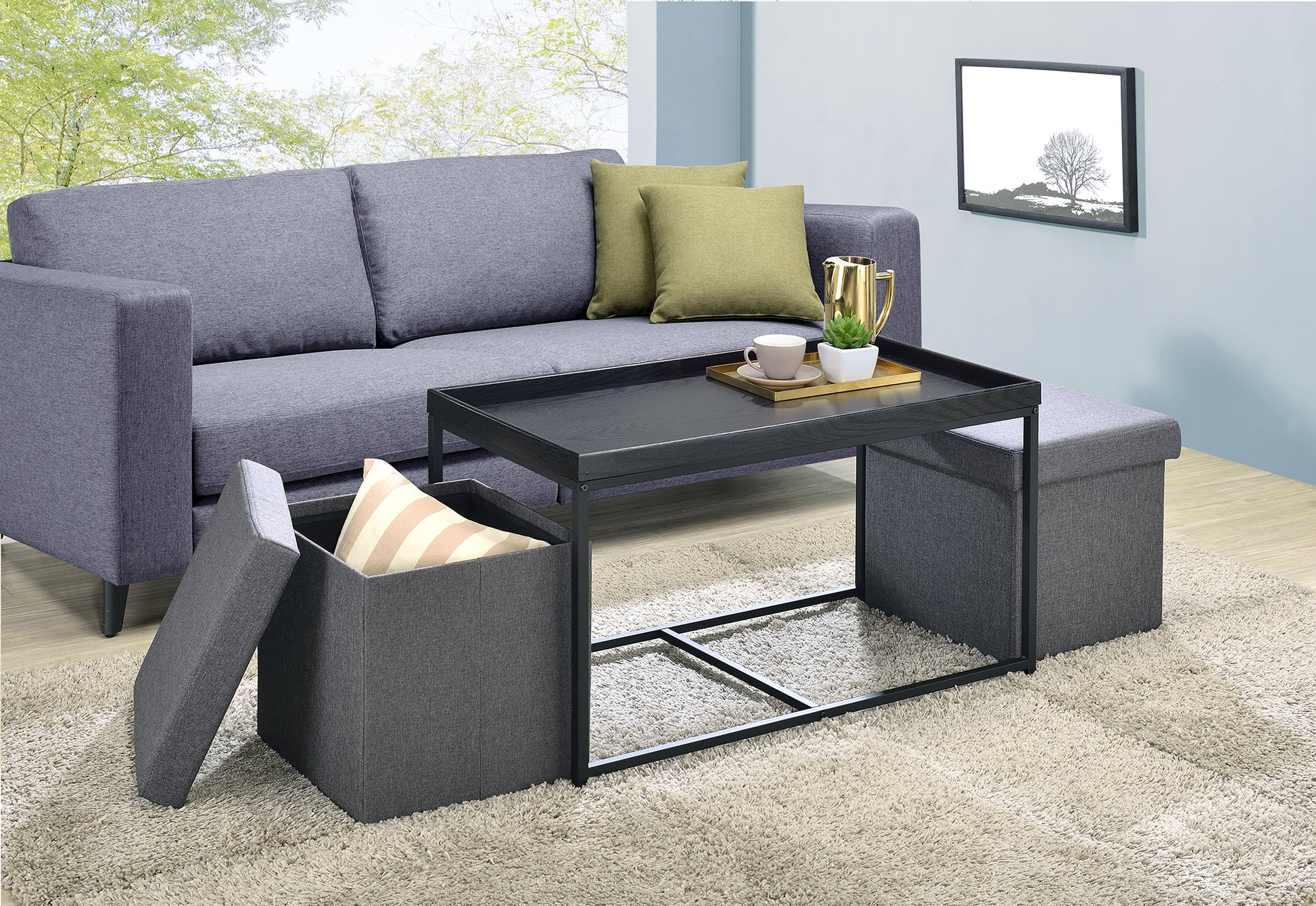 Monty 35" Black Wood Grain 3 Piece Coffee Table Set With Raised Edges Black Mdf