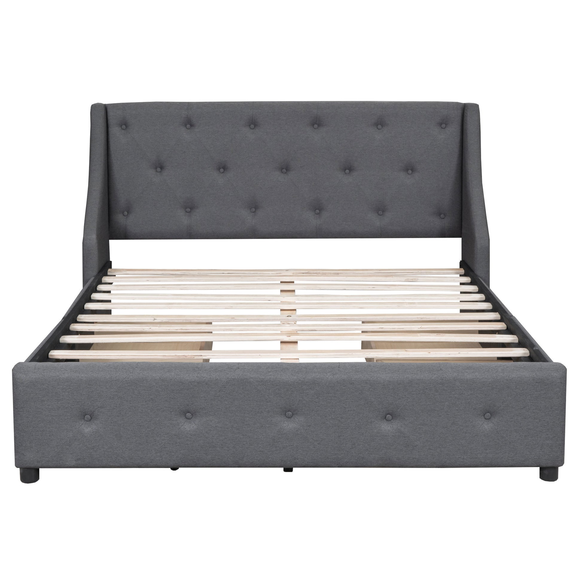 Upholstered Platform Bed With Wingback Tufted Headboard And 4 Drawers, No Box Spring Needed, Linen Fabric, Queen Size Gray Gray Linen