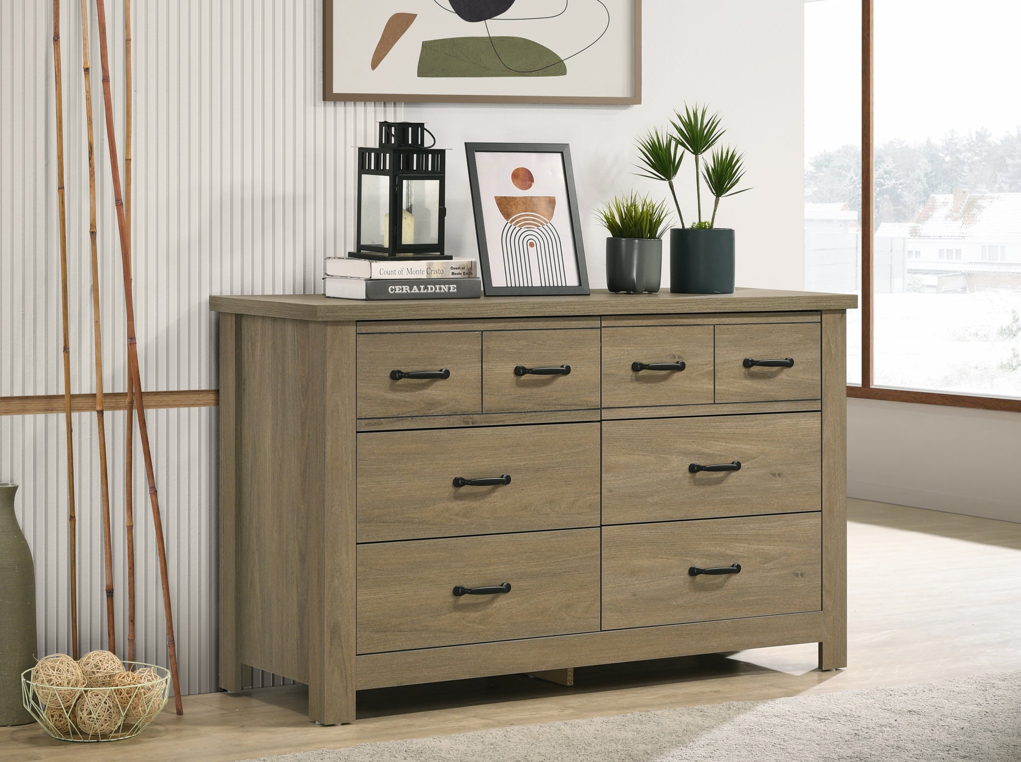 Finn 51" Coffee Gray Oak Finish Dresser With 6 Drawers And Black Handles Light Brown Particle Board