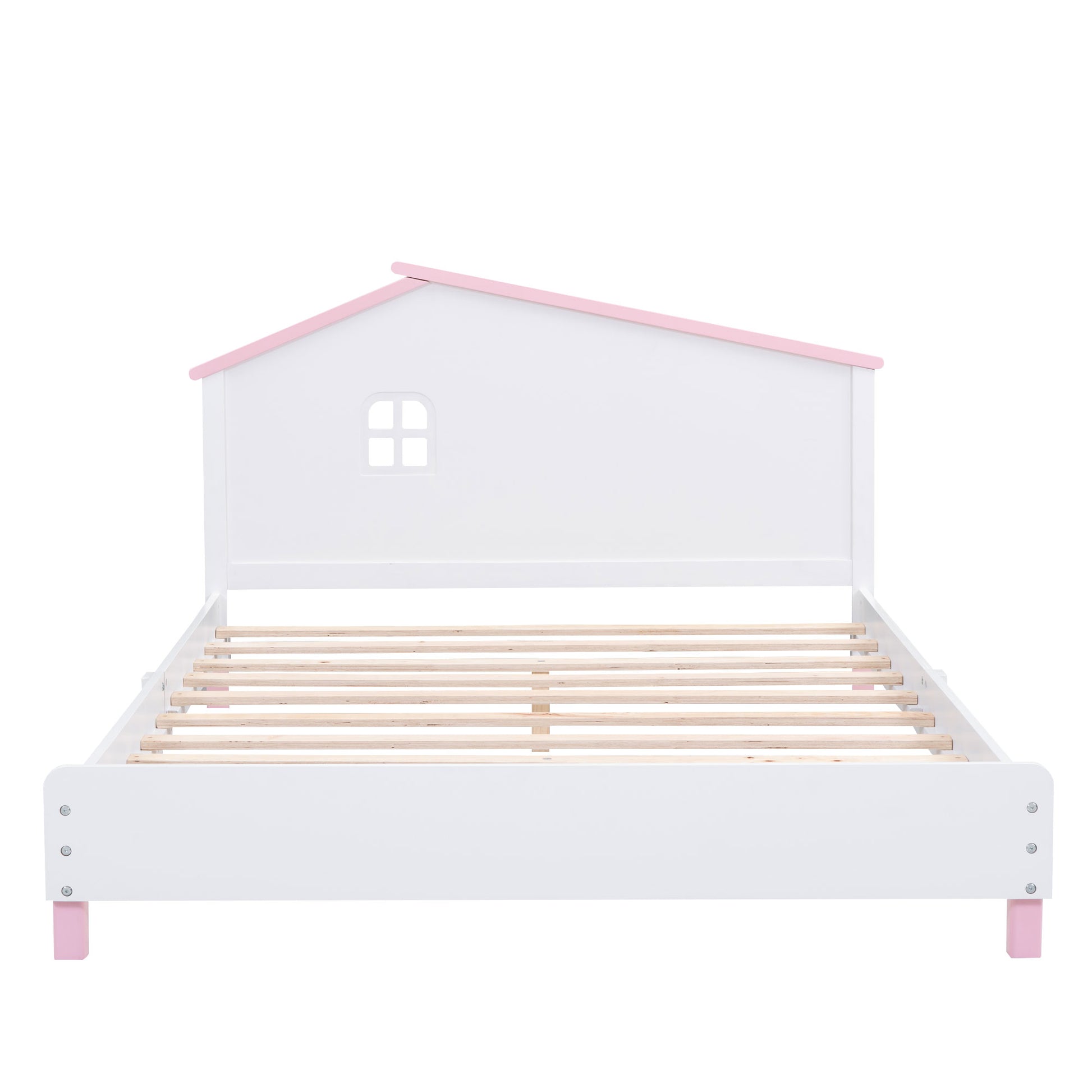 Full Size Wood Platform Bed With House Shaped Headboard White Pink White Pink Solid Wood