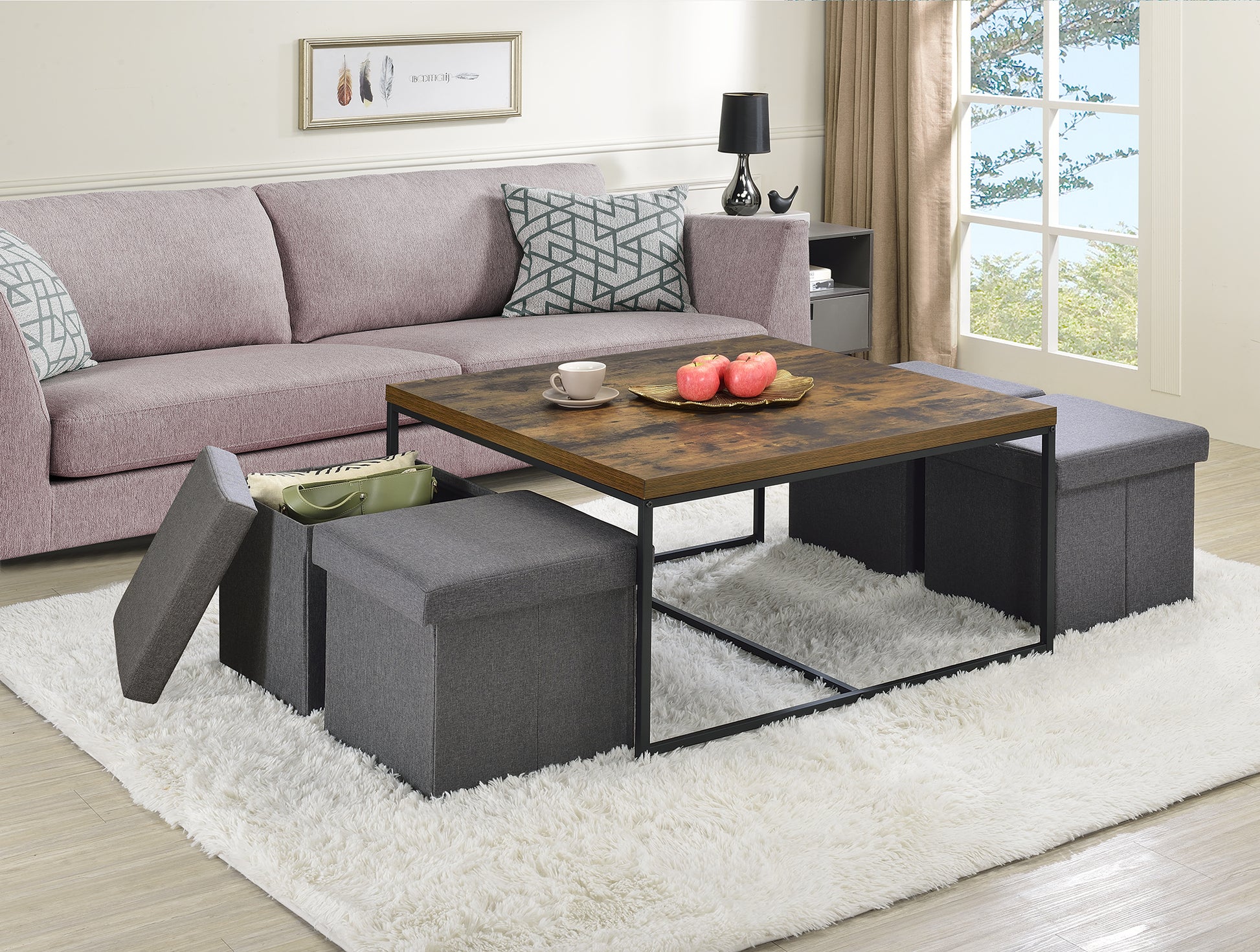 Caitlin 35" Weathered Oak Wood Grain 5 Piece Coffee Table Set Brown Oak Mdf