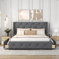 Upholstered Platform Bed With Wingback Tufted Headboard And 4 Drawers, No Box Spring Needed, Linen Fabric, Queen Size Gray Gray Linen