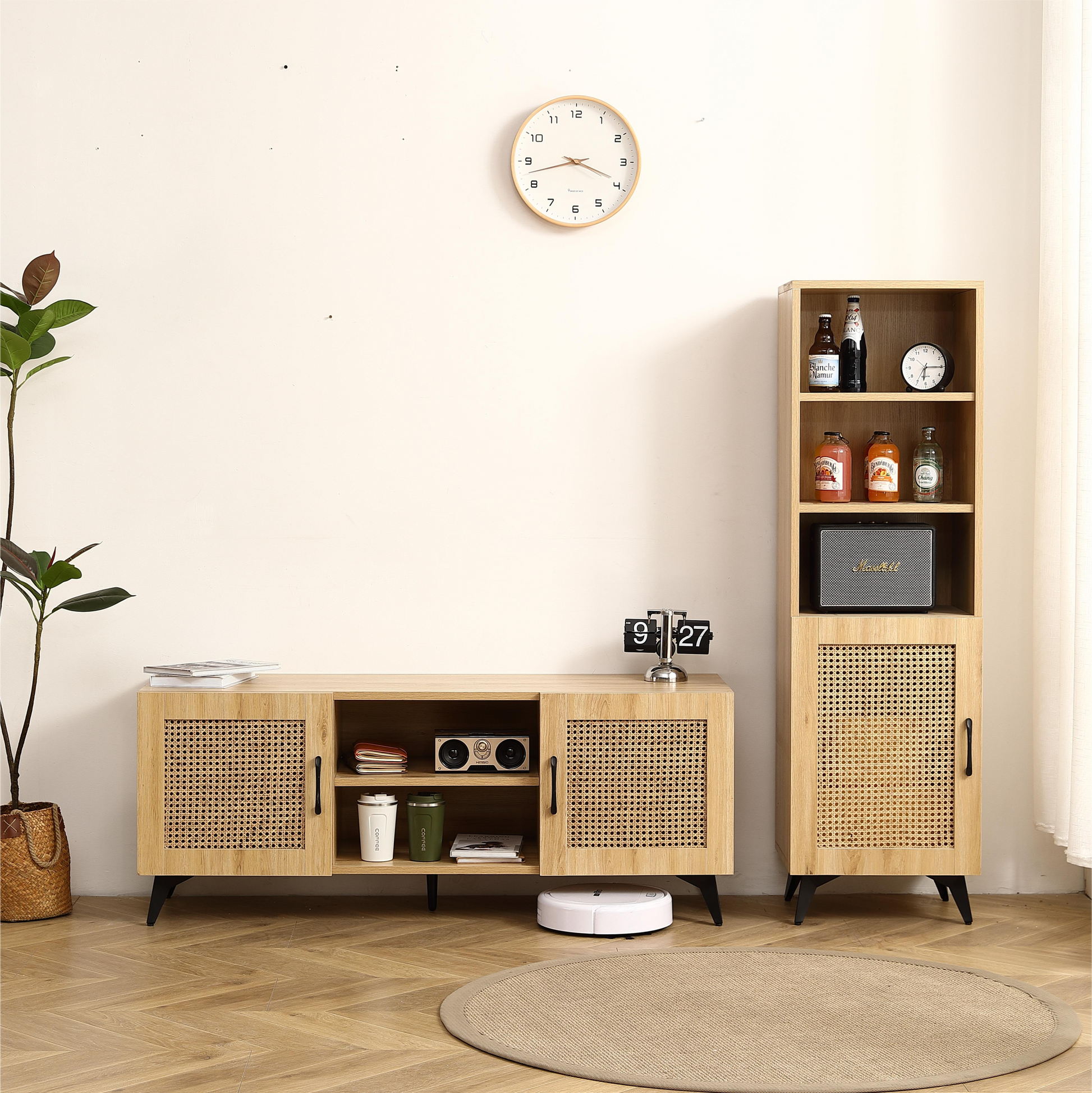 Natural Rattan Mesh Side Cabinet Large Storage Space For Living Room Or Restaurant.56Inch Burlywood. Oak Melamine