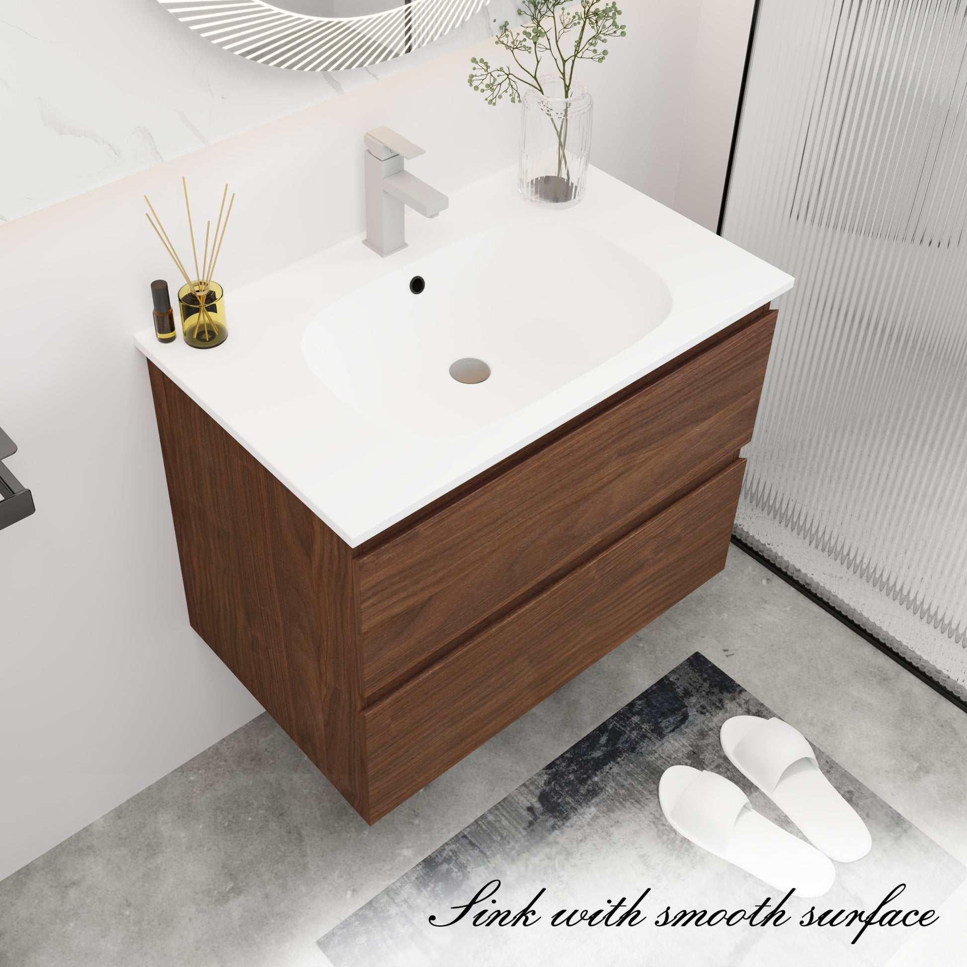 30" Bathroom Vanity With Gel Basin Top, Soft Close Drawer Brown Oak Plywood