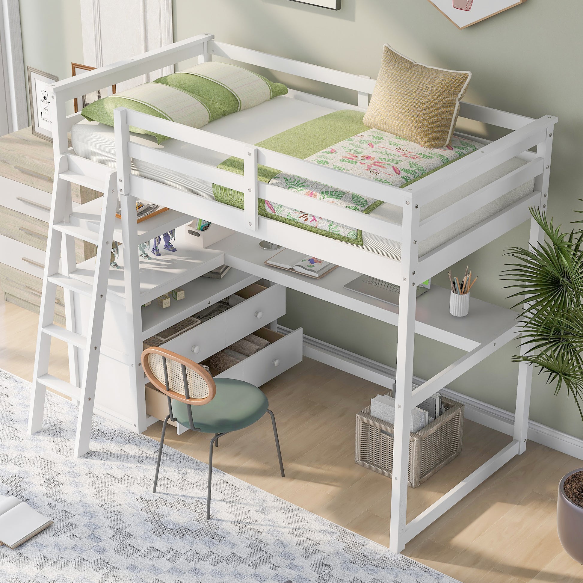 Twin Size Loft Bed With Desk And Shelves, Two Built In Drawers, White Old Sku: Gx000803Aak 1 White Pine