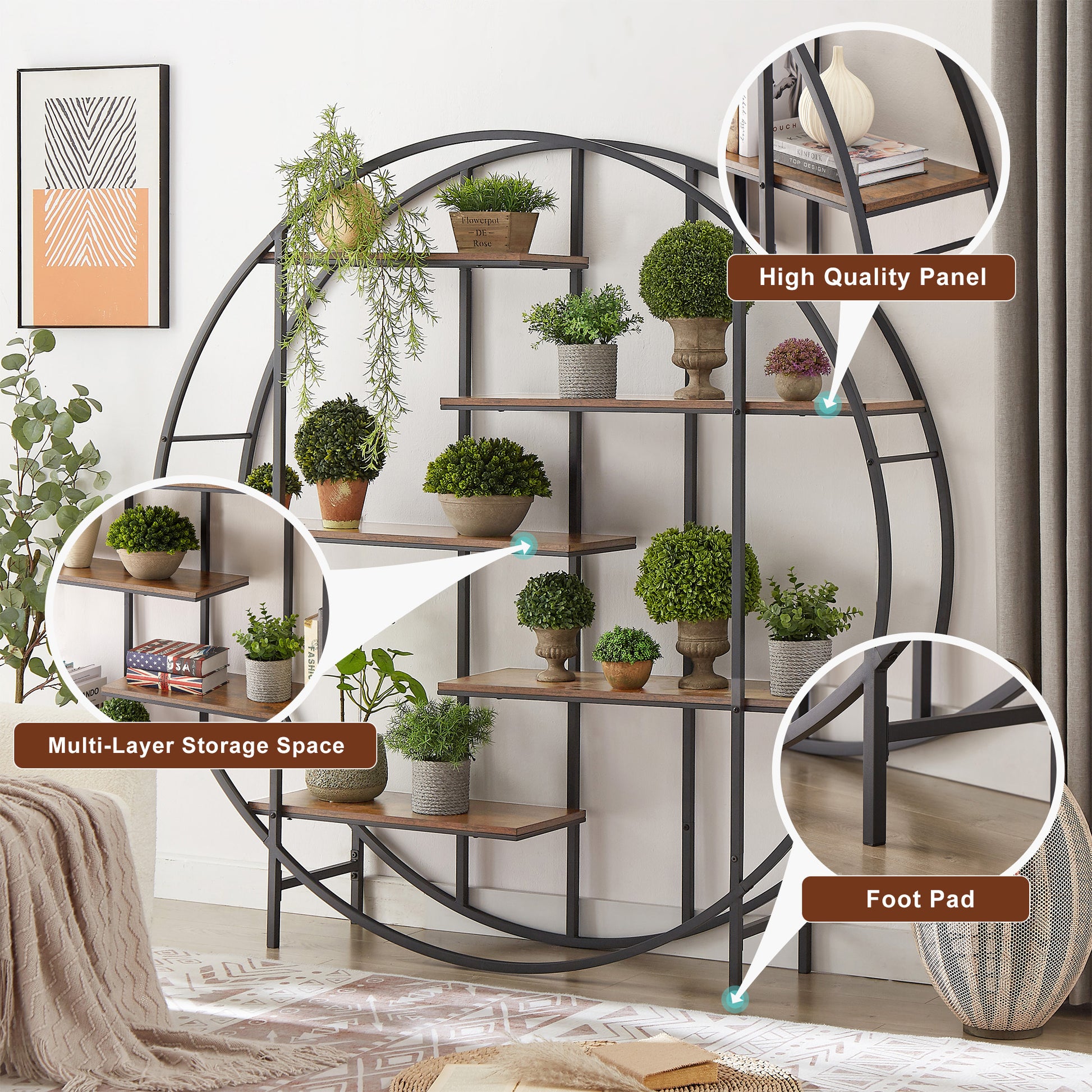 Round 5 Tier Metal Plant Stand Bookcase Storage Rack, Indoor Living Room Terrace Garden Balcony Display Stand. Rustic Brown, 67'' W X 11.8'' D X 67'' H. Rustic Brown Particle Board