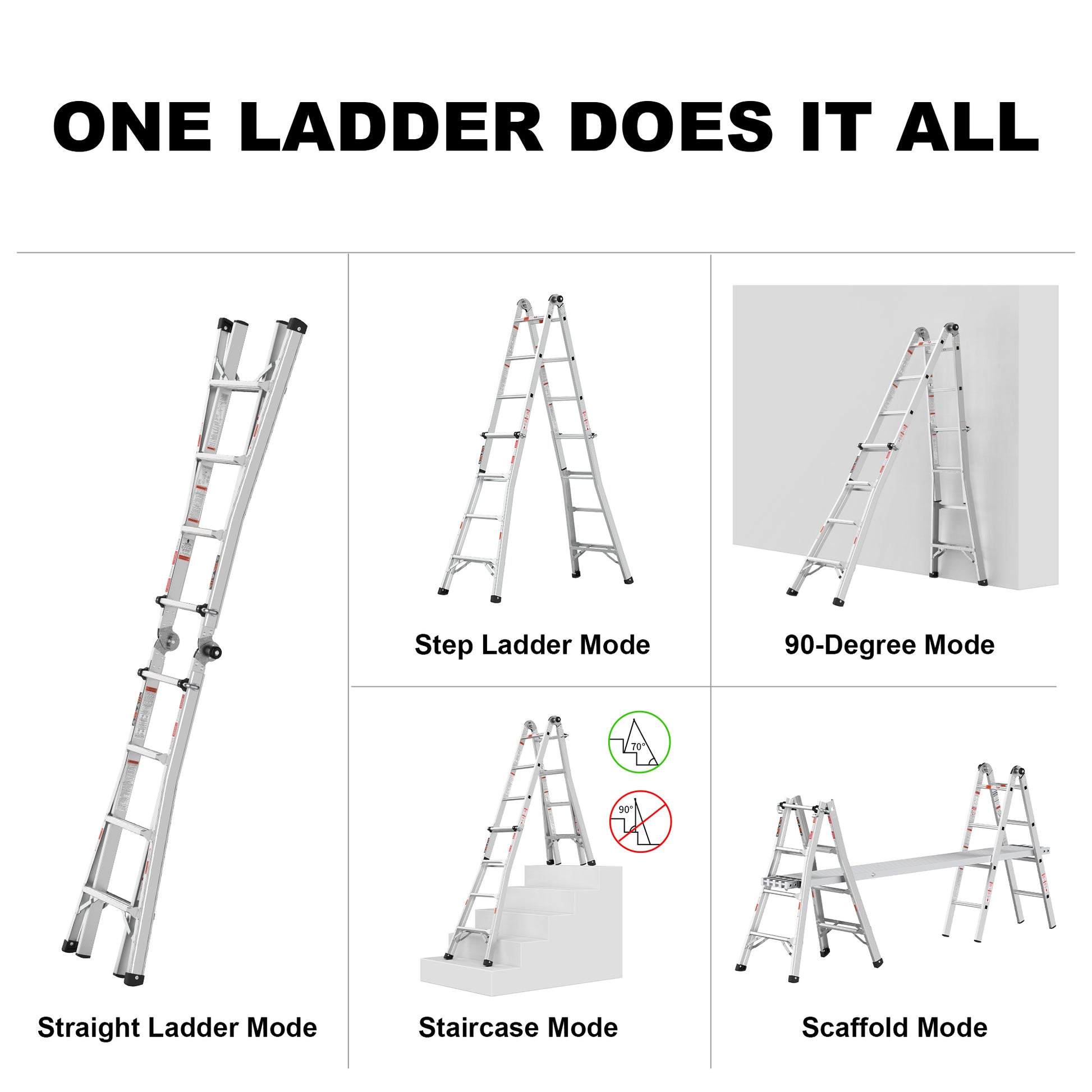 Multi Position Foldable Engineering Multifunctional Aluminum Alloy Ladder A Type Ladder Straight Ladder 17Ft For Home Silver Pc Aluminium