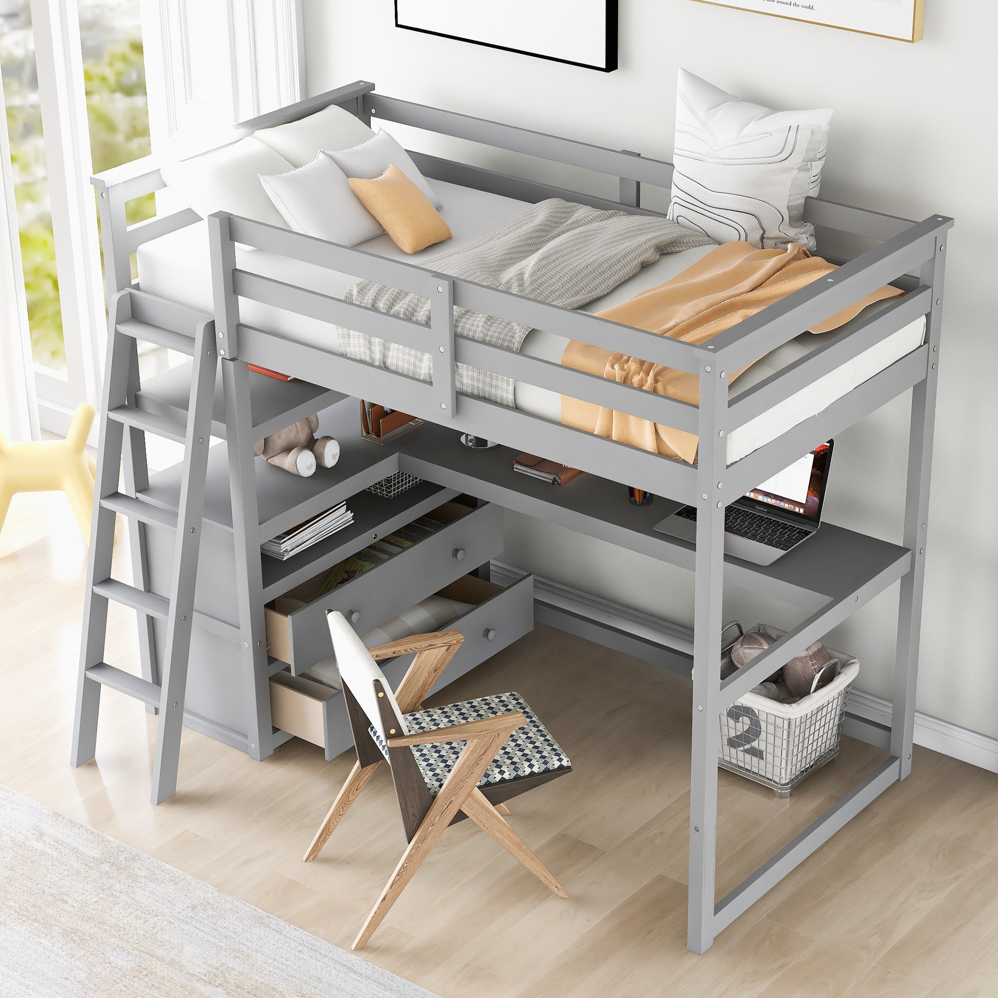 Twin Size Loft Bed With Desk And Shelves, Two Built In Drawers, Gray Old Sku:Gx000803Aae 1 Gray Pine