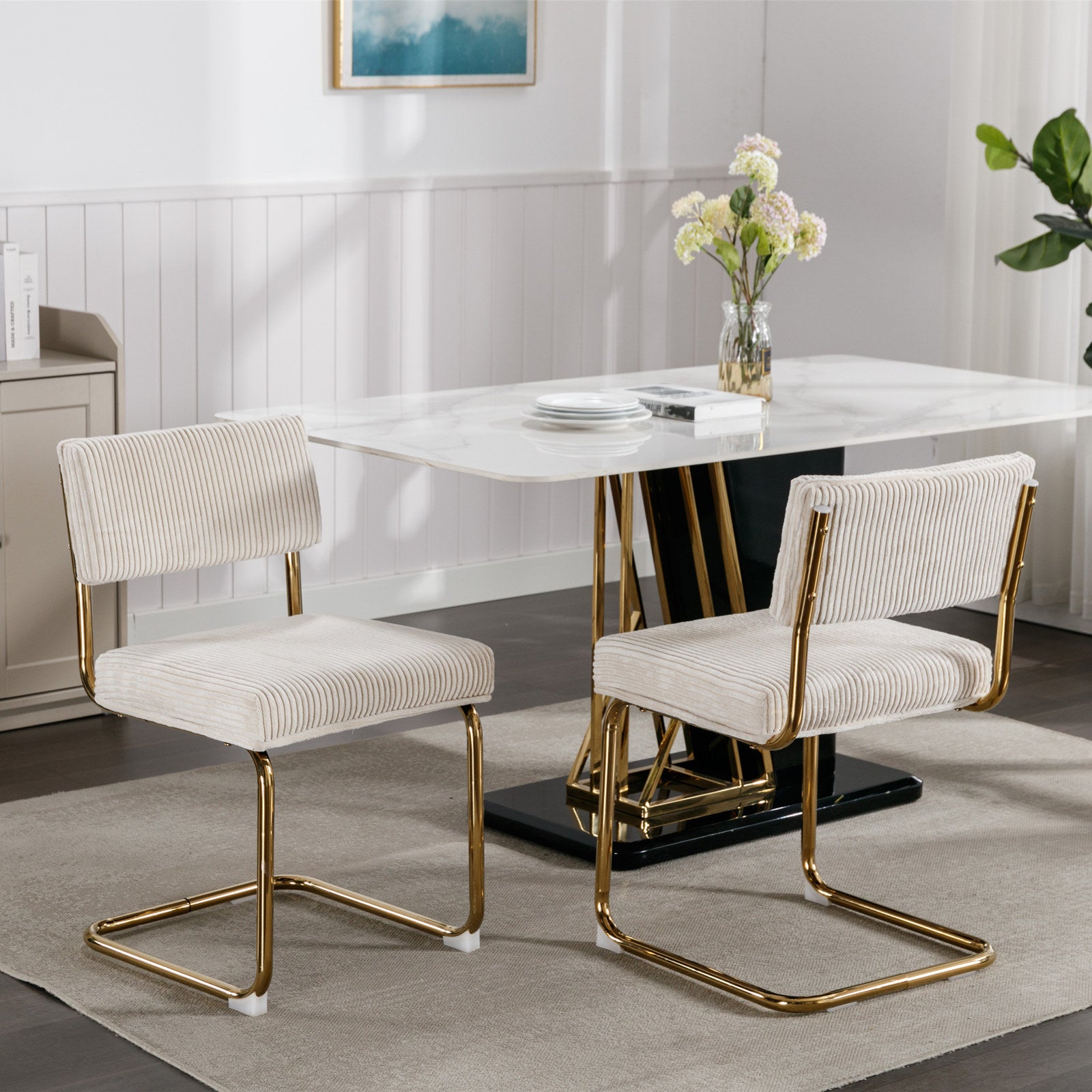 Modern Dining Chairs With Corduroy Fabric,Gold Metal Base, Accent Armless Kitchen Chairs With Channel Tufting, Side Chairs, Set Of 2, Beige Beige Foam Corduroy