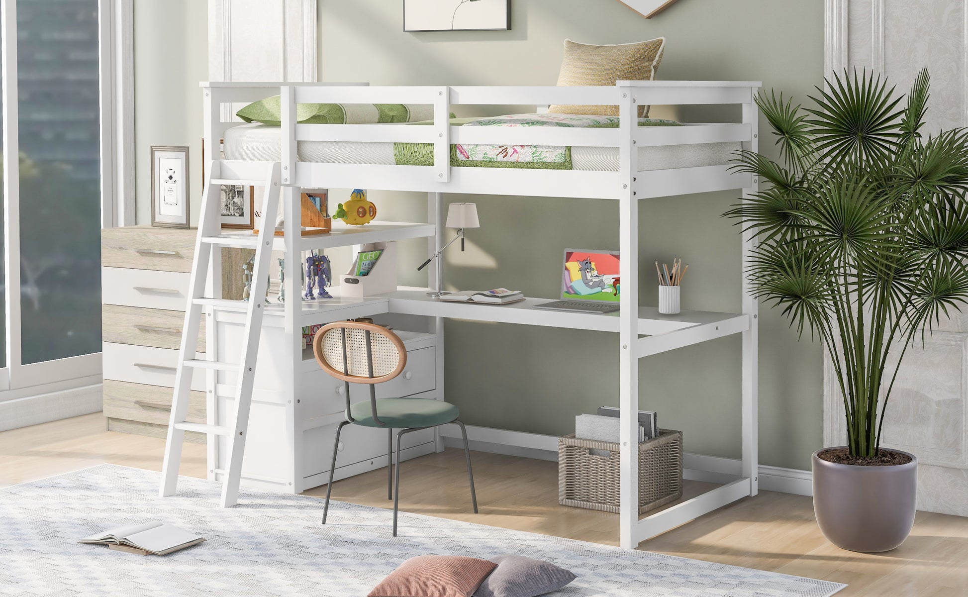 Twin Size Loft Bed With Desk And Shelves, Two Built In Drawers, White Old Sku: Gx000803Aak 1 White Pine