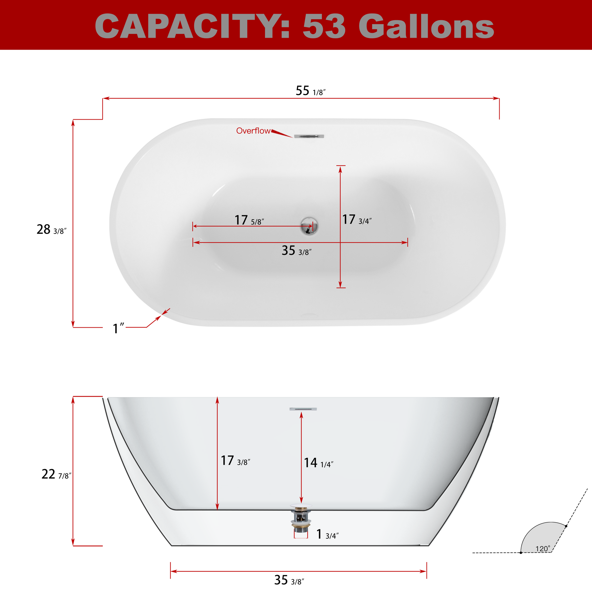 55" Sleek White Acrylic Freestanding Soaking Bathtub With Chrome Overflow And Drain, Cupc Certified 55*28.35, Glossy White 22A09 55 White Fiberglass Acrylic