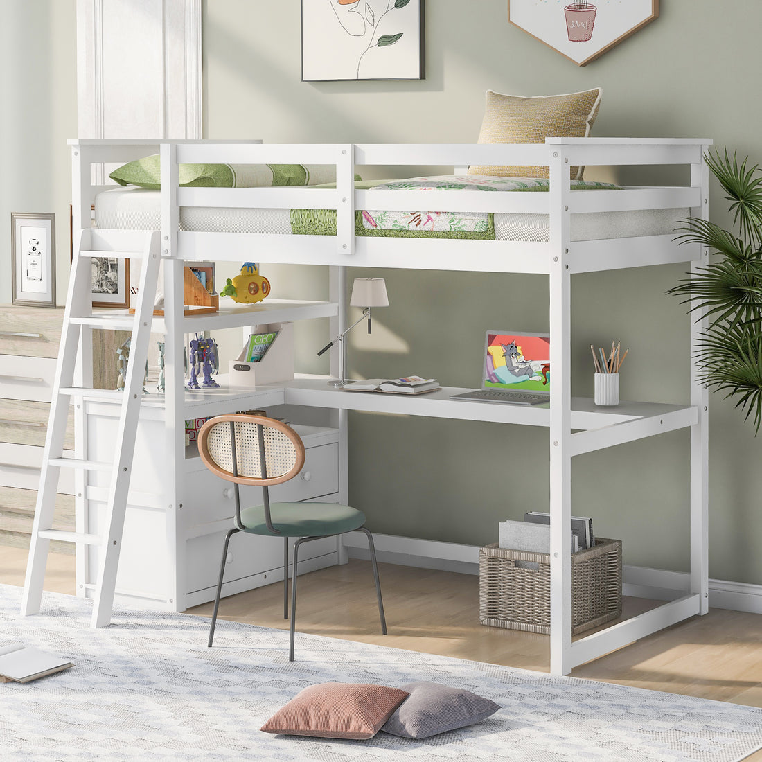 Twin Size Loft Bed With Desk And Shelves, Two Built In Drawers, White Old Sku: Gx000803Aak 1 White Pine