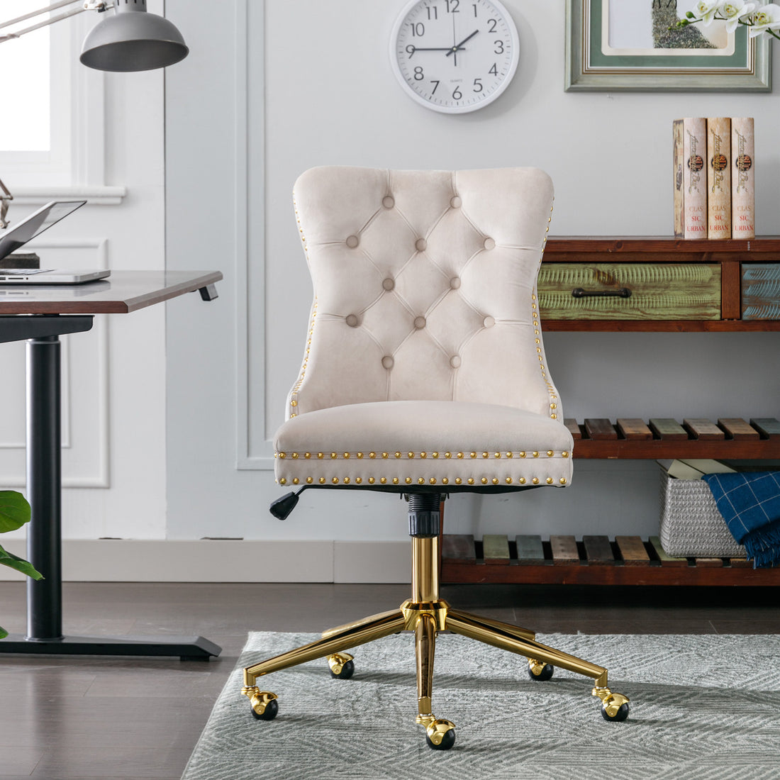 Office Chair,Velvet Upholstered Tufted Button Home Office Chair With Golden Metal Base,Adjustable Desk Chair Swivel Office Chair Beige Beige Velvet