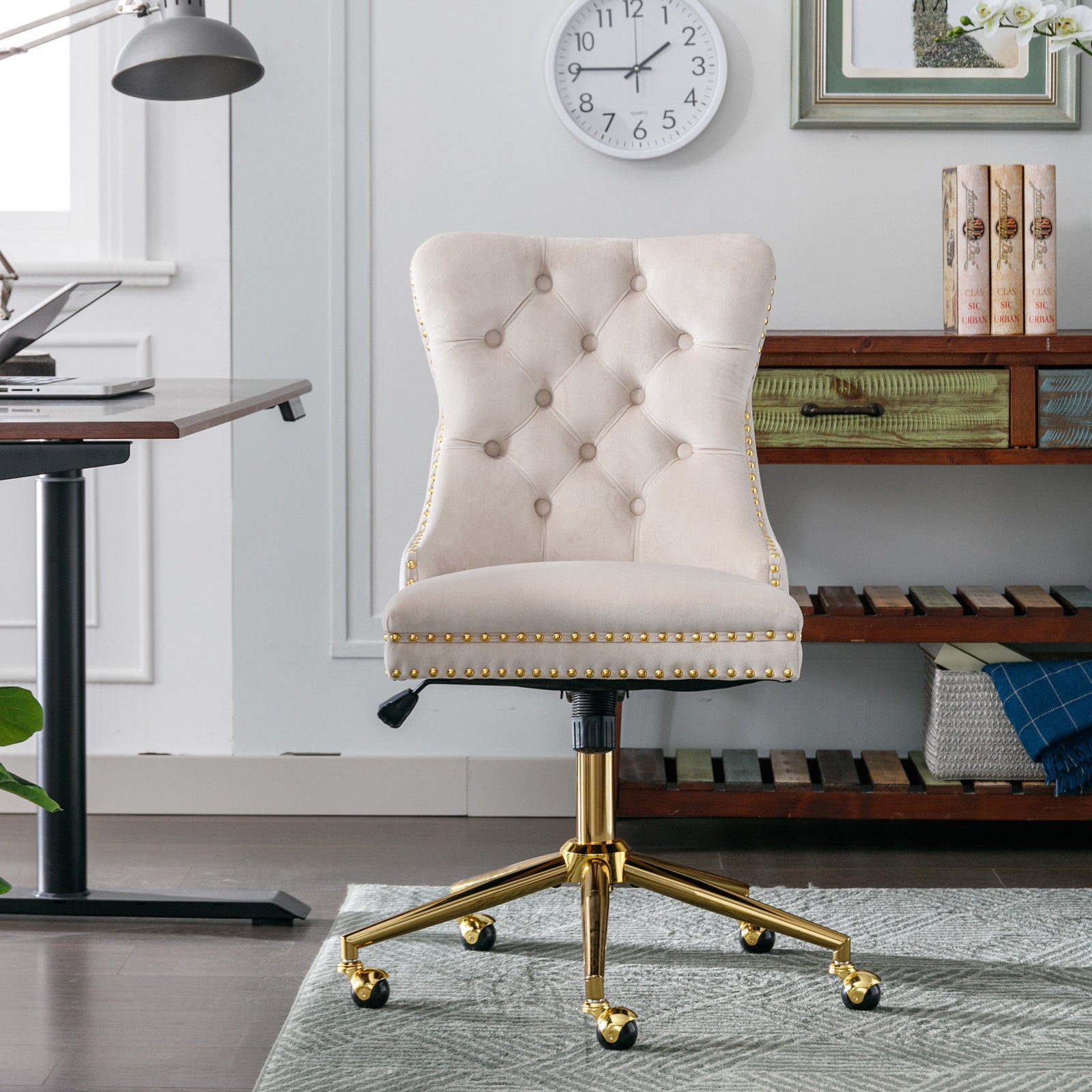 Office Chair,Velvet Upholstered Tufted Button Home Office Chair With Golden Metal Base,Adjustable Desk Chair Swivel Office Chair Beige Beige Velvet