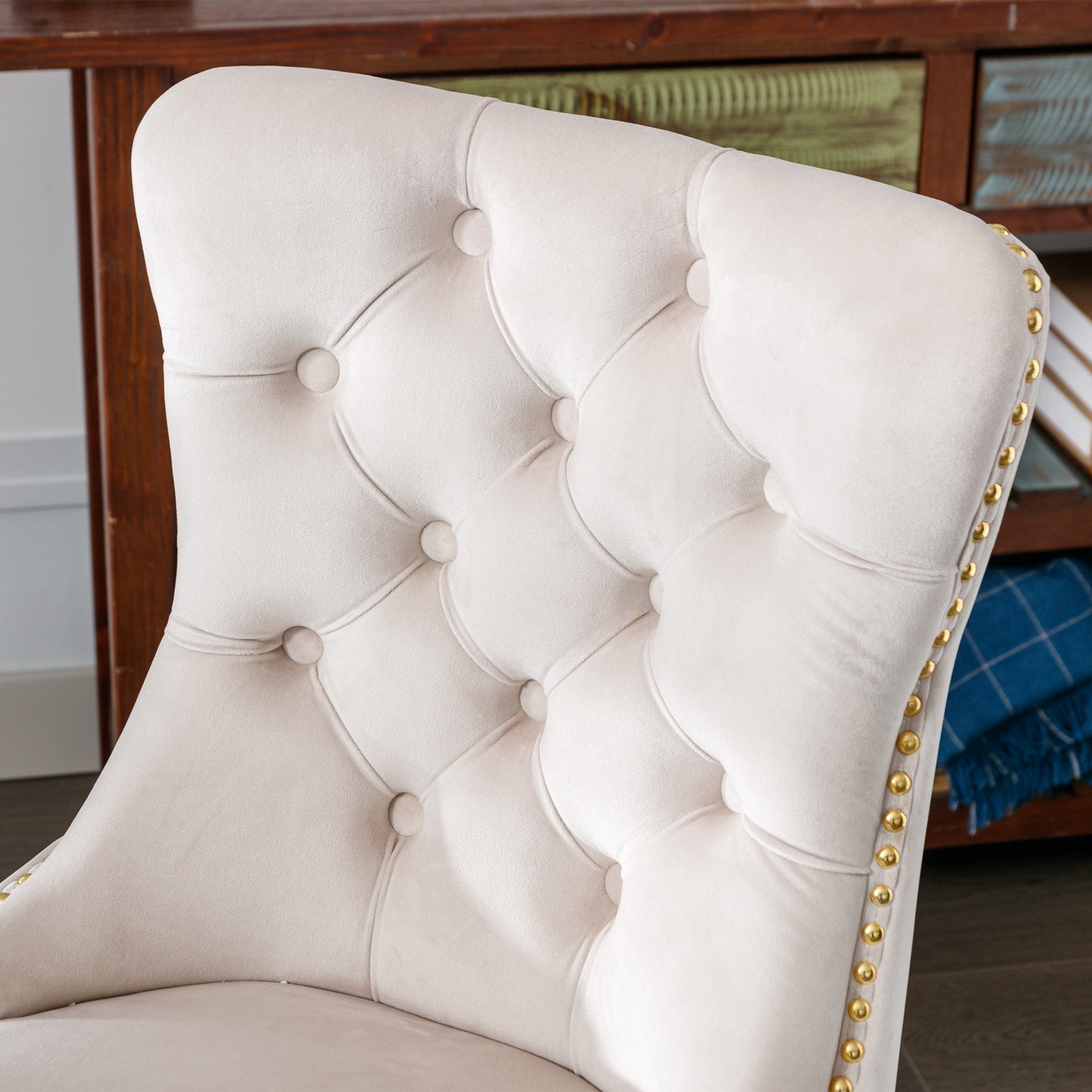 Office Chair,Velvet Upholstered Tufted Button Home Office Chair With Golden Metal Base,Adjustable Desk Chair Swivel Office Chair Beige Beige Velvet