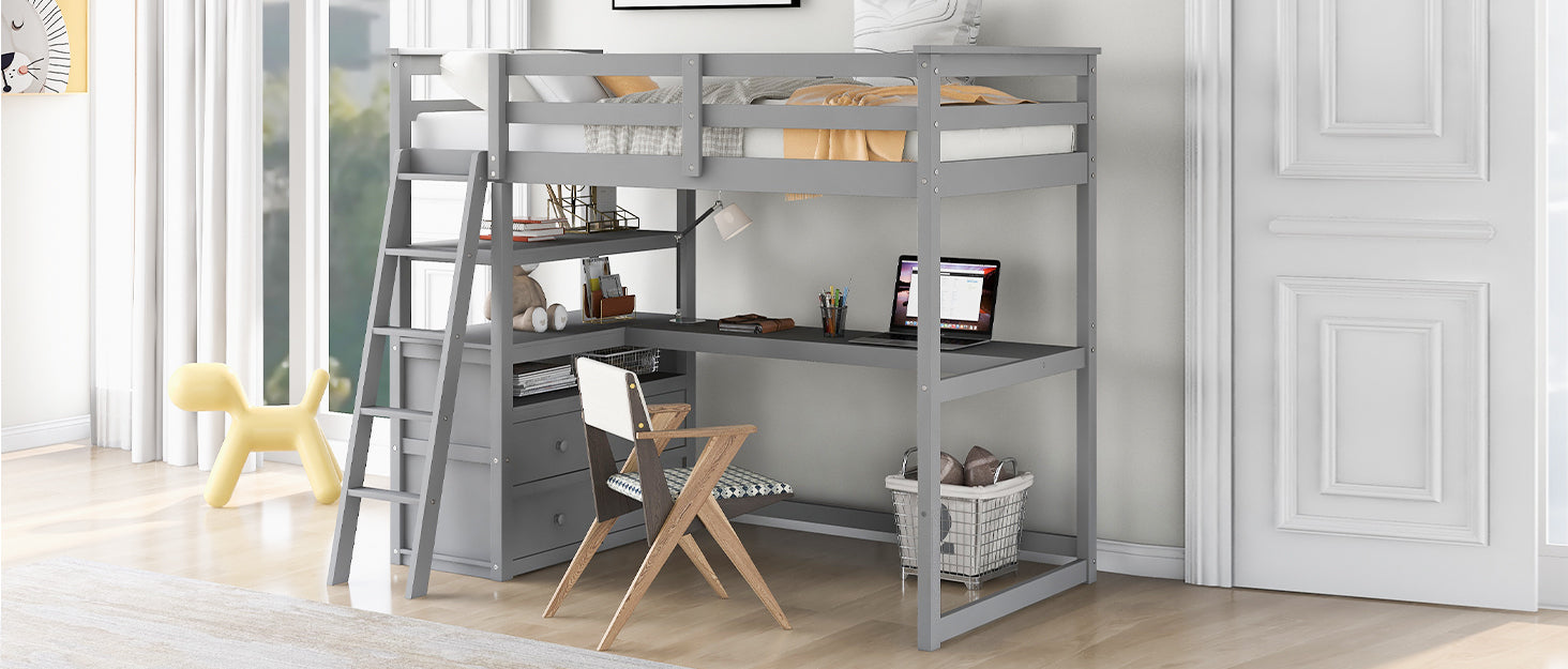 Twin Size Loft Bed With Desk And Shelves, Two Built In Drawers, Gray Old Sku:Gx000803Aae 1 Gray Pine