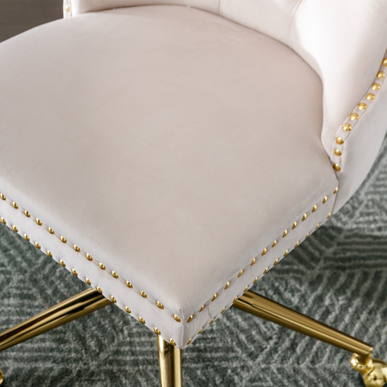 Office Chair,Velvet Upholstered Tufted Button Home Office Chair With Golden Metal Base,Adjustable Desk Chair Swivel Office Chair Beige Beige Velvet