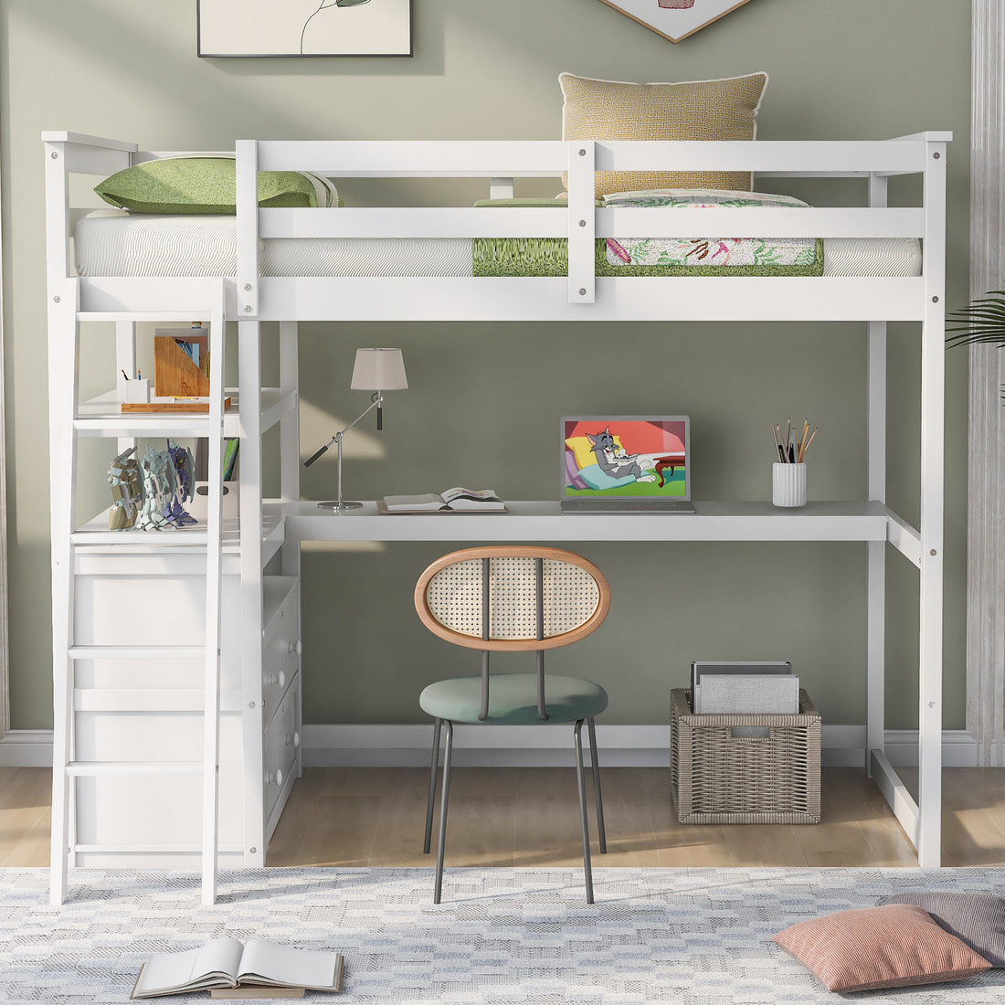 Twin Size Loft Bed With Desk And Shelves, Two Built In Drawers, White Old Sku: Gx000803Aak 1 White Pine