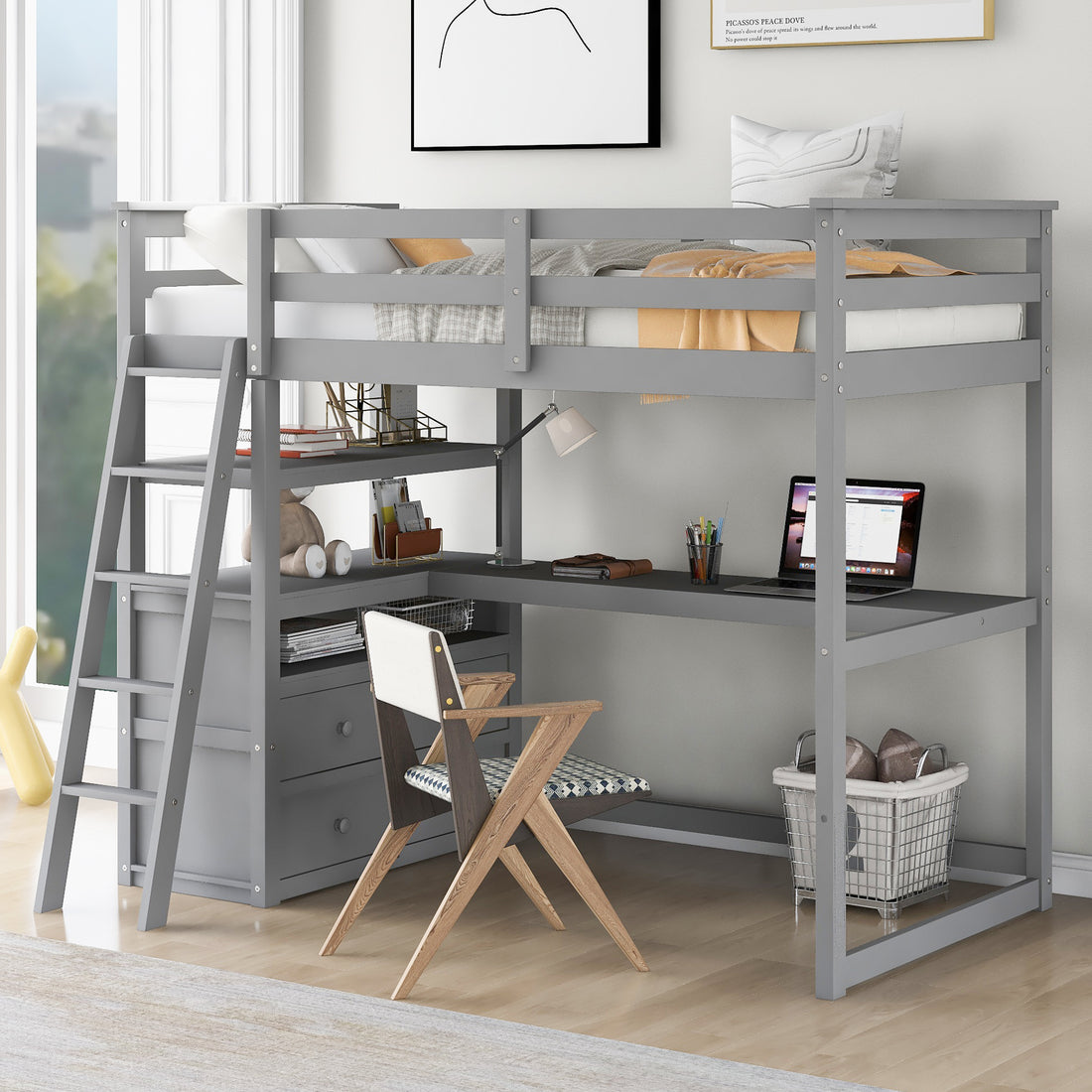 Twin Size Loft Bed With Desk And Shelves, Two Built In Drawers, Gray Old Sku:Gx000803Aae 1 Gray Pine