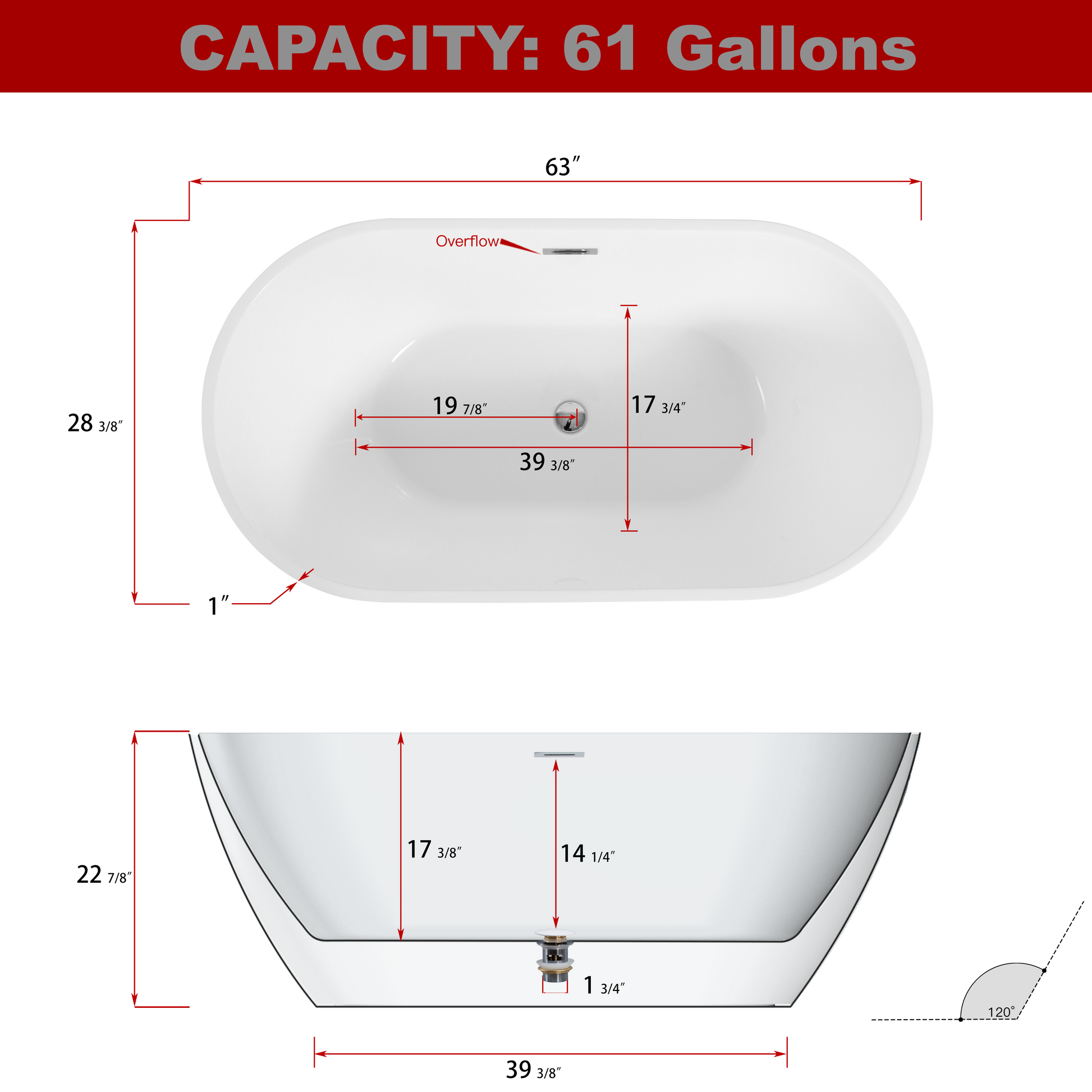 63" Shiny White Acrylic Freestanding Soaking Bathtub With Chrome Overflow And Drain, Cupc Certified 63*28.8 22A09 63 White Fiberglass Acrylic