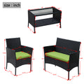 4 Pc Rattan Patio Furniture Set Outdoor Patio Cushioned Seat Wicker Sofa Green Cushion Black Iron