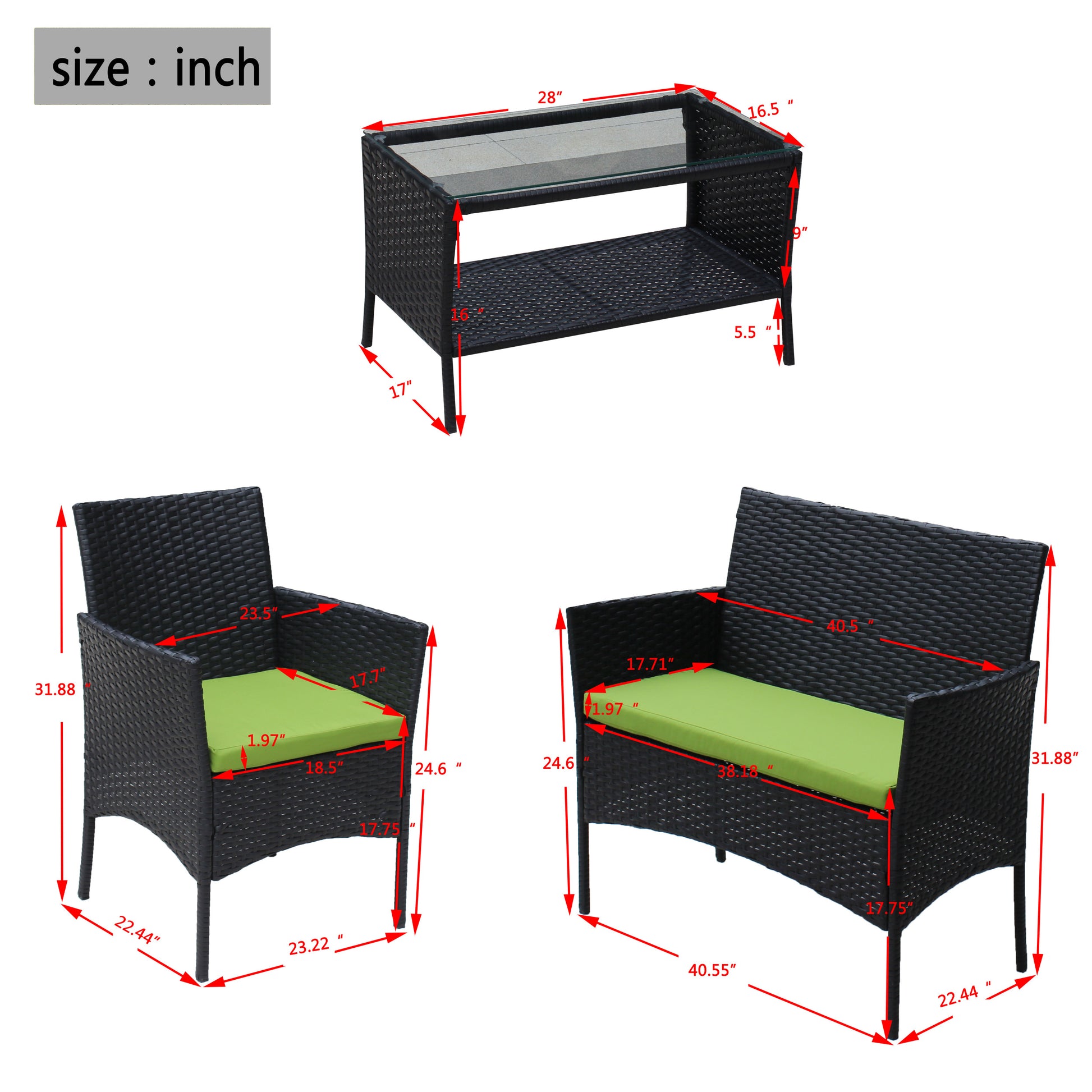 4 Pc Rattan Patio Furniture Set Outdoor Patio Cushioned Seat Wicker Sofa Green Cushion Black Iron