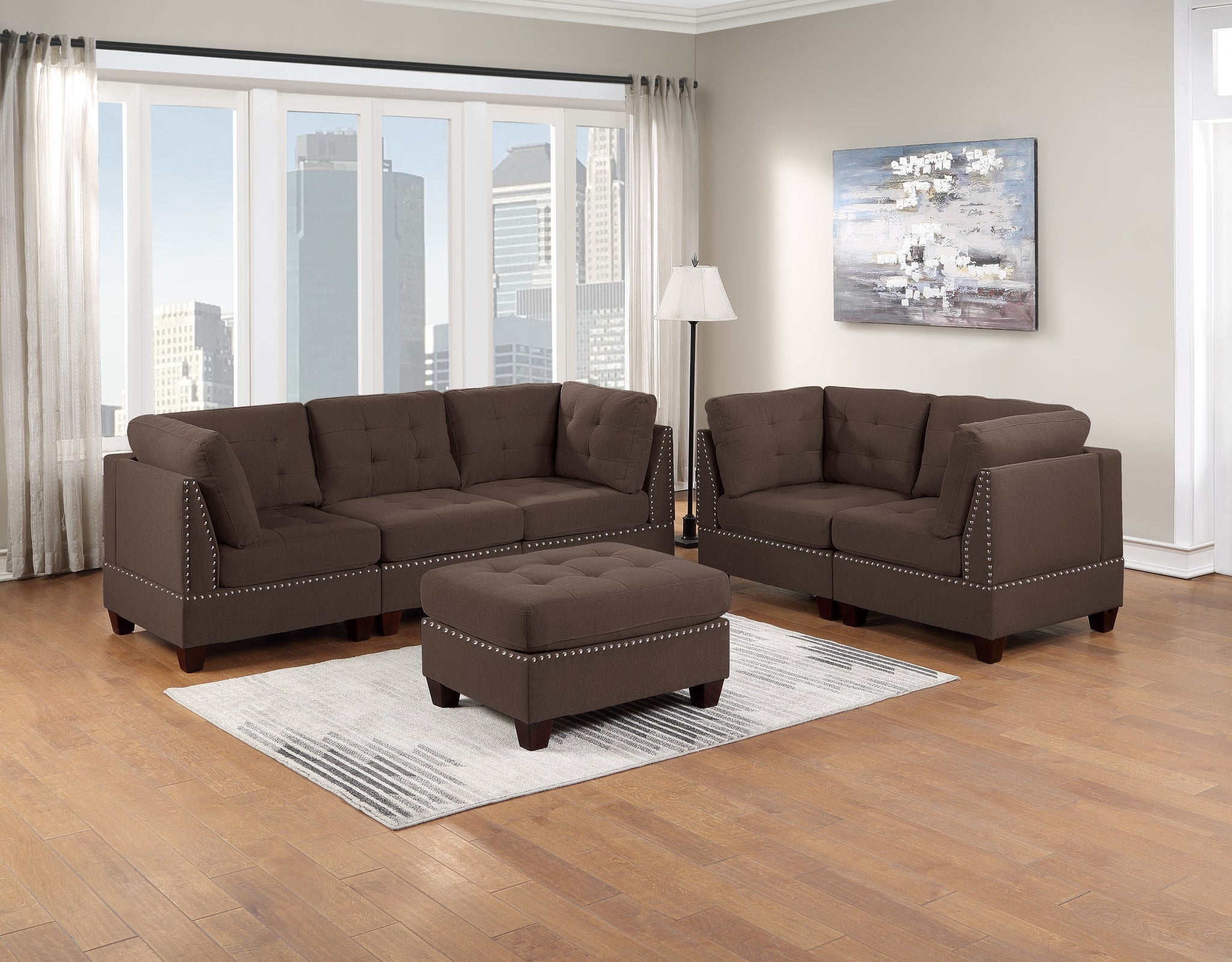 Modular Sofa Set 6Pc Set Living Room Furniture Sofa Loveseat Tufted Couch Nail Heads Black Coffee Linen Like Fabric 4X Corner Wedge 1X Armless Chair And 1X Ottoman Coffee Wood Primary Living Space Cushion Back Contemporary,Modern Modular Fabric 6 Seat