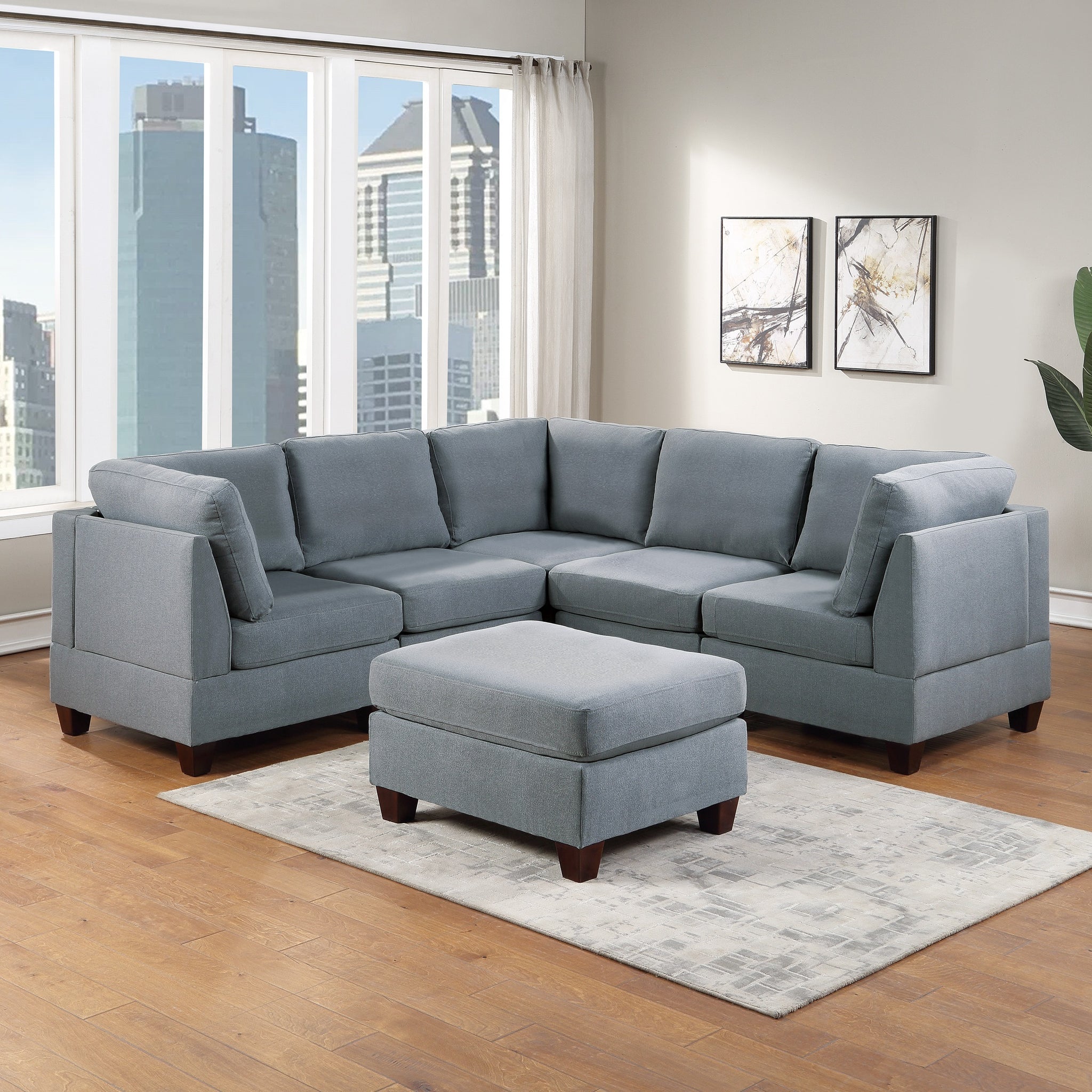 Modular Sectional 6Pc Set Living Room Furniture Corner Sectional Couch Grey Linen Like Fabric 3X Corner Wedge 2X Armless Chairs And 1X Ottoman Grey Wood Primary Living Space Cushion Back Modern,Transitional Modular Fabric 6 Seat