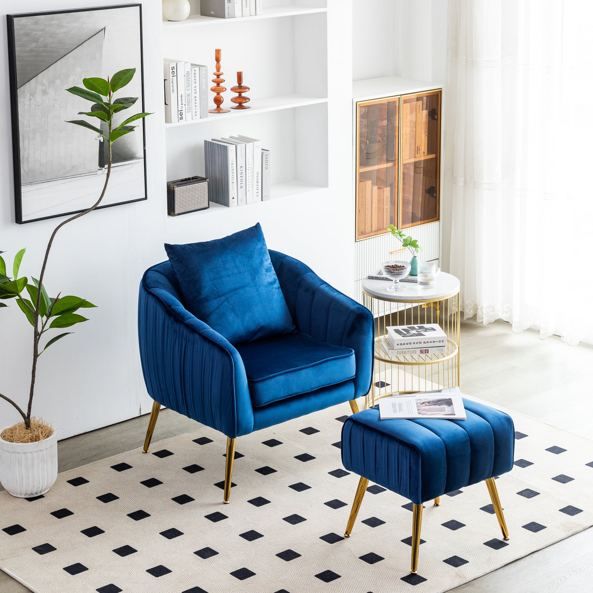 Velvet Accent Chair With Ottoman, Modern Tufted Barrel Chair Ottoman Set For Living Room Bedroom, Golden Finished, Blue Blue Foam Velvet