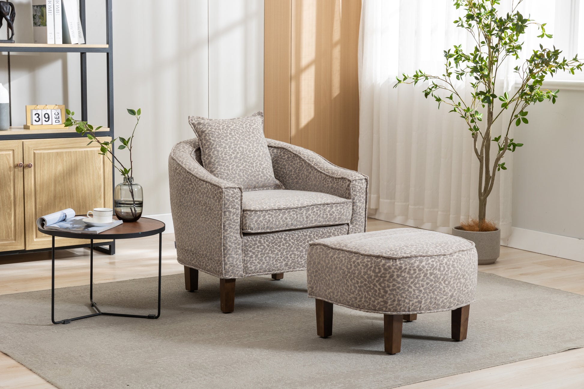 Coolmore Accent Chair With Ottoman, Mid Century Modern Barrel Chair Upholstered Club Tub Round Arms Chair For Living Room Leopard Gray Chenille